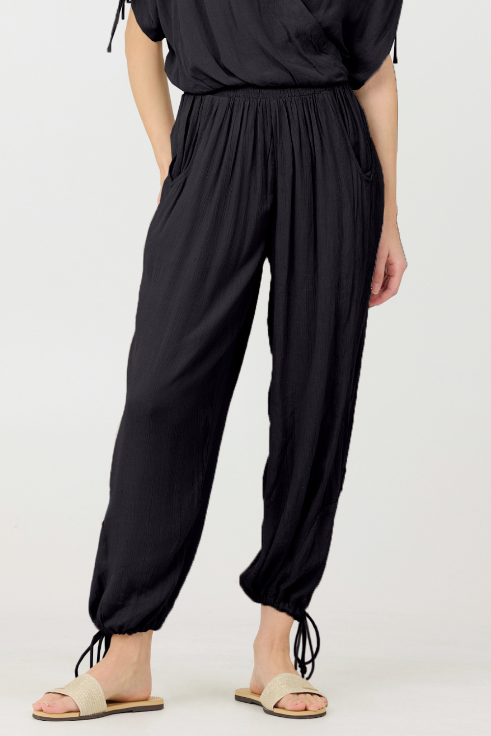 Black Rayon Crinkle Bottom Pants | Vintage Havana Black