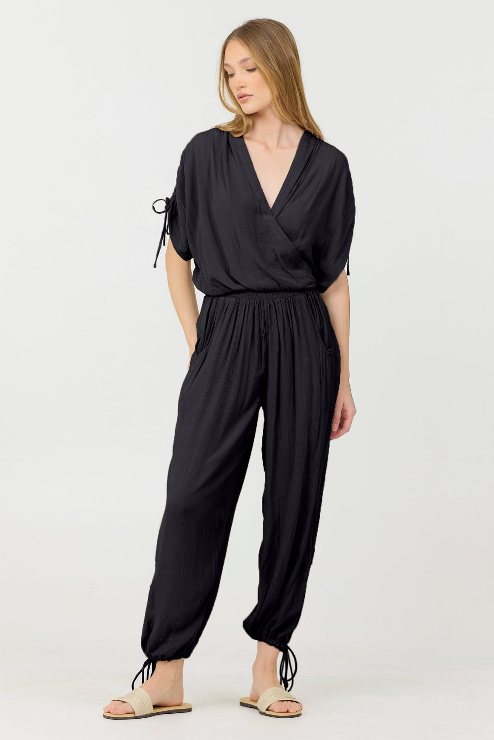 Black Rayon Crinkle Bottom Pants | Vintage Havana Black