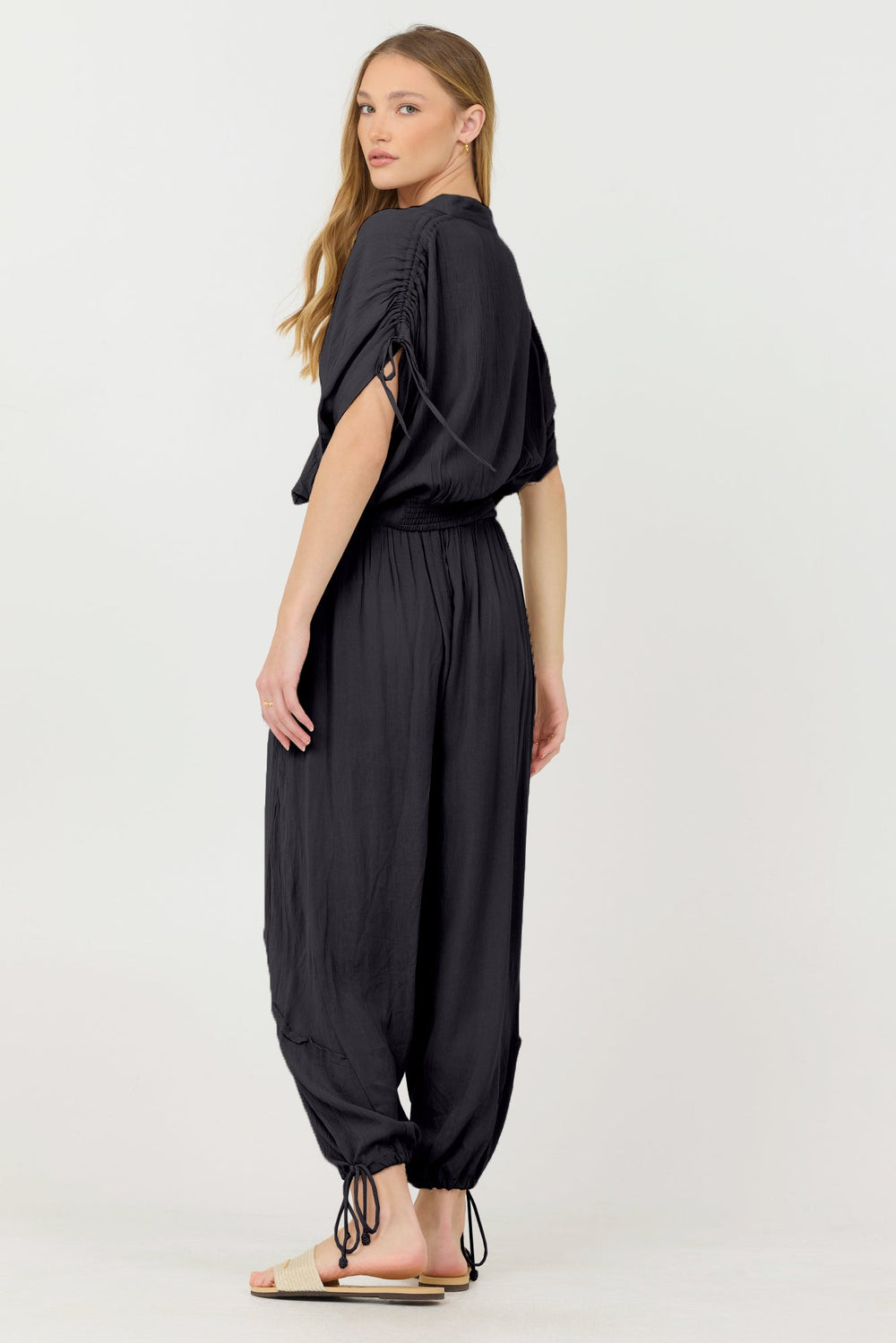 Black Rayon Crinkle Bottom Pants | Vintage Havana Black