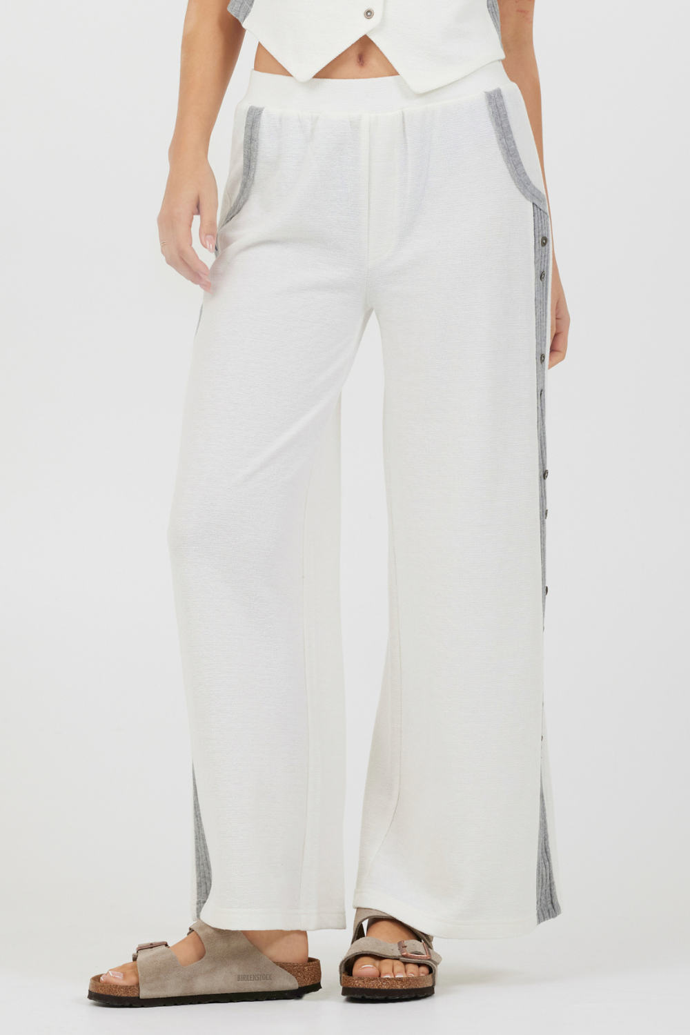 Cream Heather Grey Texture Knit Pant W Contrast Rib | Vintage Havana Cream Heather Grey