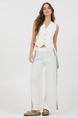 Cream Heather Grey Texture Knit Pant W Contrast Rib | Vintage Havana Cream Heather Grey