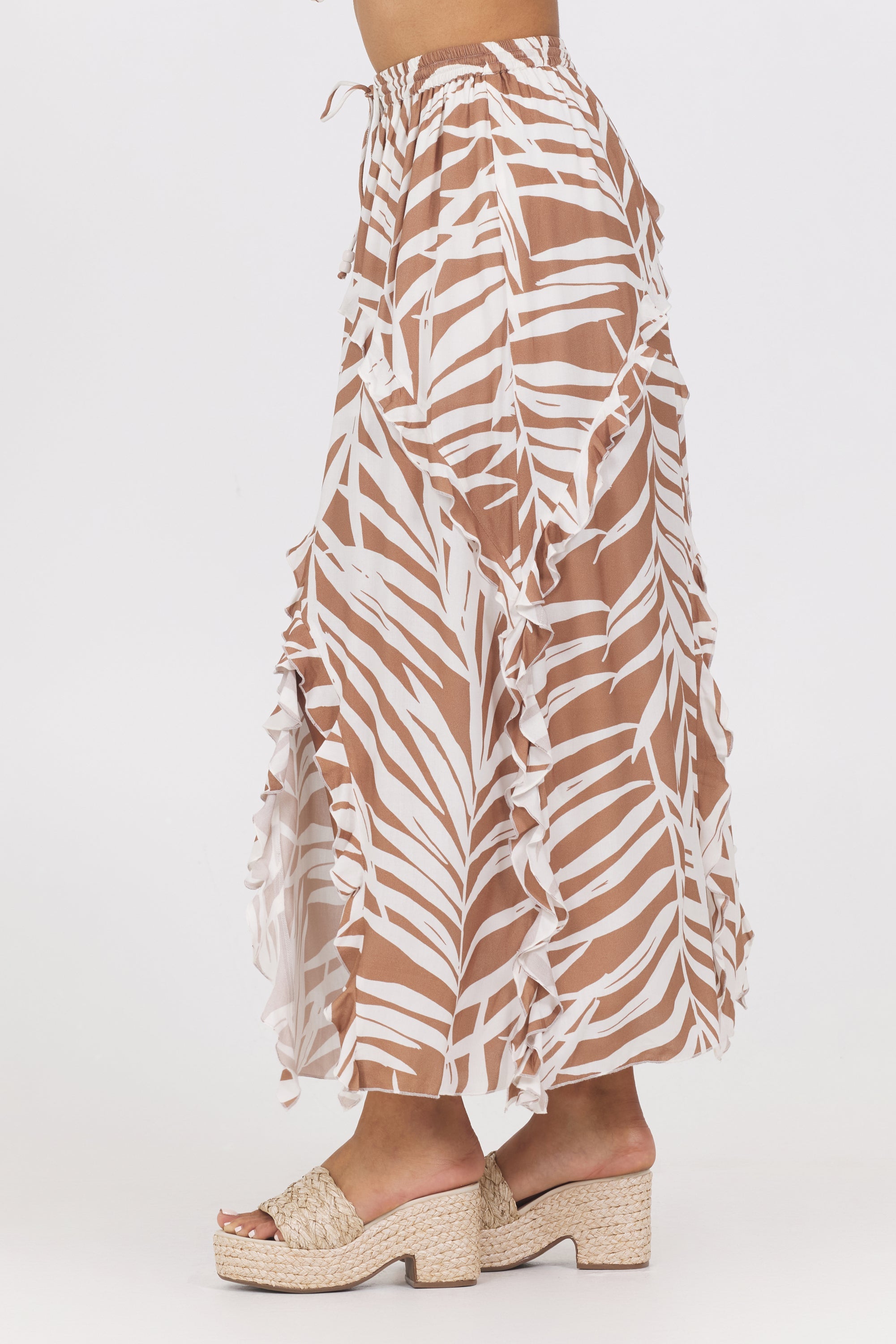 Printed Rayon Ruffle Maxi Skirt | Vintage Havana Bronze Palm Print