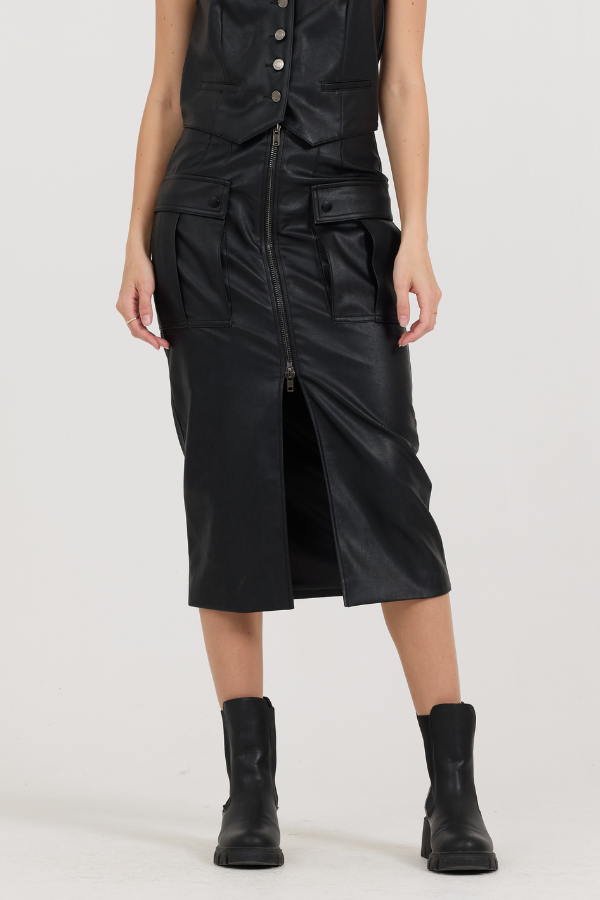 Black leather Zip Front Midi Skirt | Vintage Havana Black