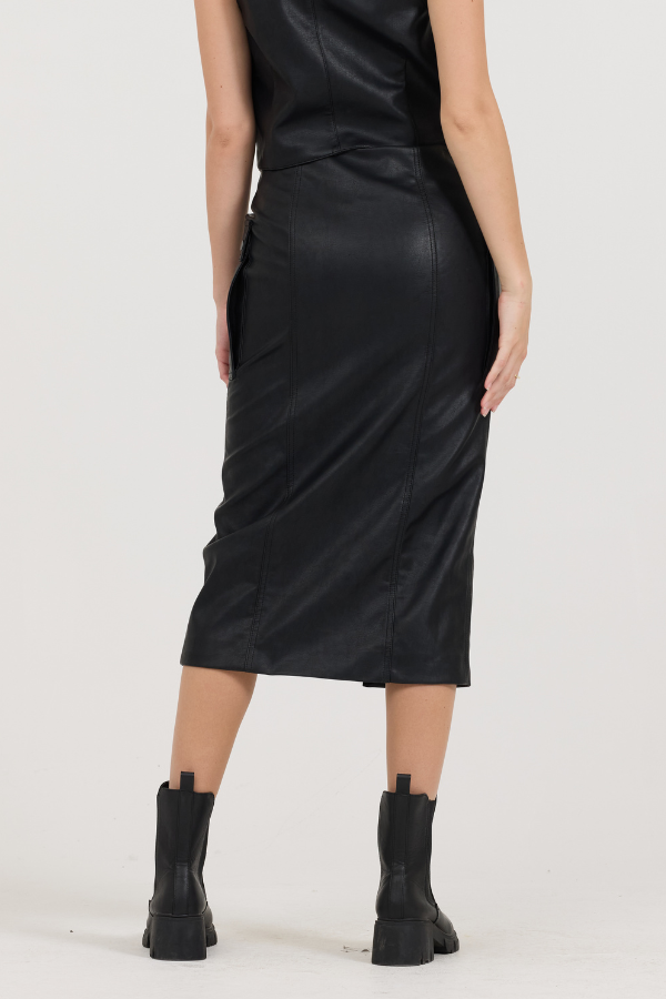 Black leather Zip Front Midi Skirt | Vintage Havana Black