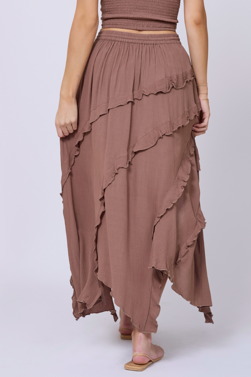 Washed Mocha Rayon Crinkle Ruffle Maxi Skirt | Vintage Havana Washed Mocha