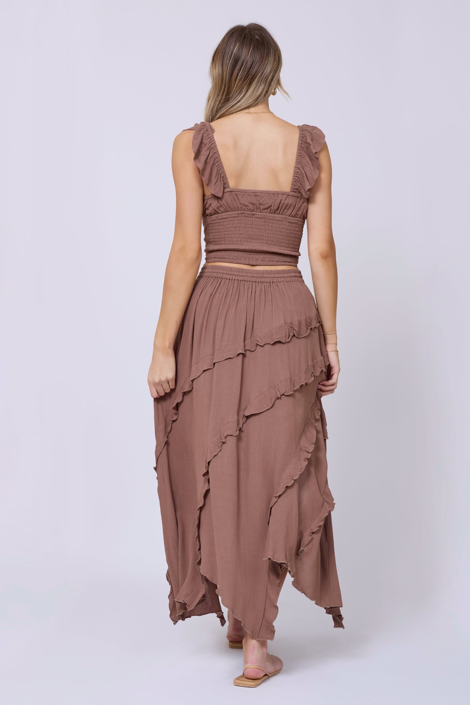 Washed Mocha Rayon Crinkle Ruffle Maxi Skirt | Vintage Havana Washed Mocha