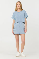Washed Denim Terry Fleece Cargo Skirt | Vintage Havana Washed Denim