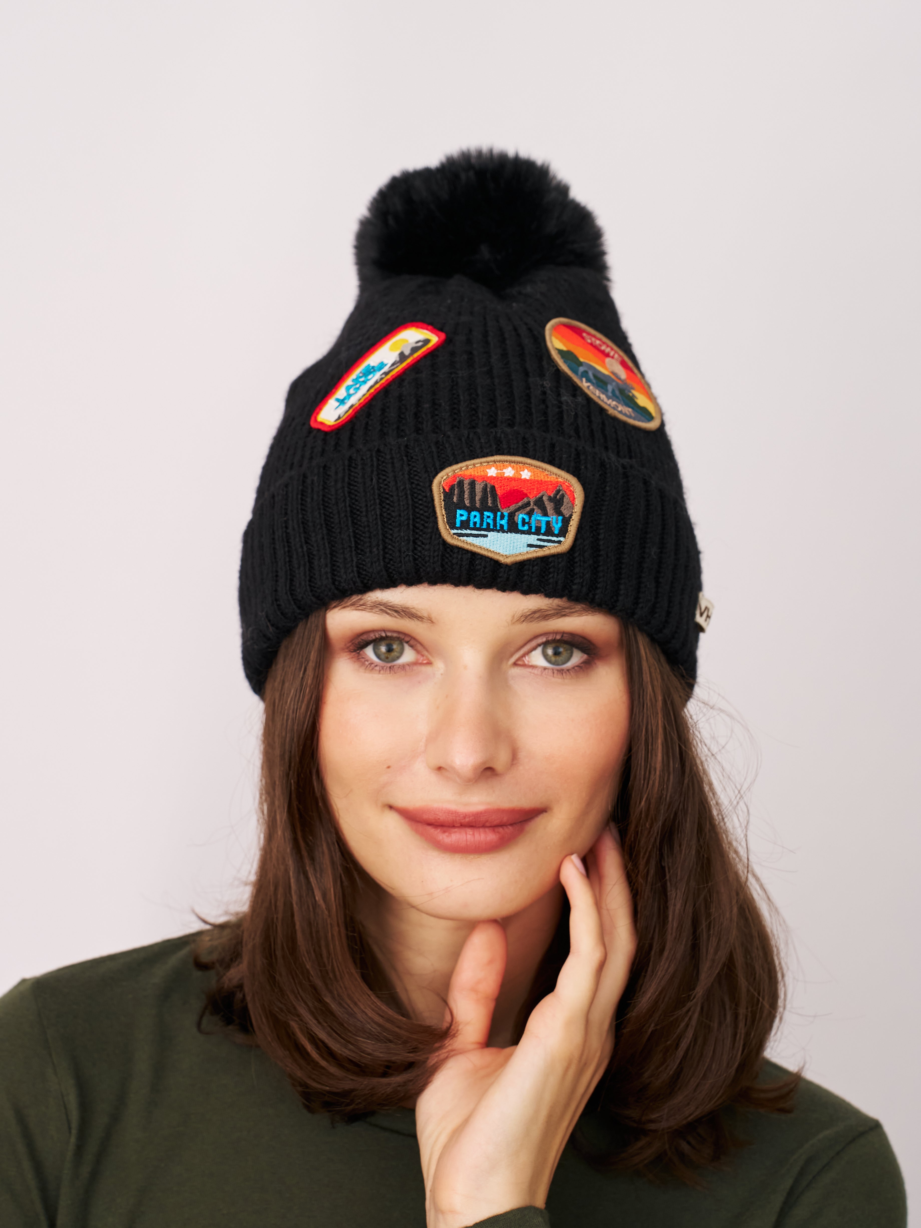 RIBBED POMPOM BEANIE WITH LAKE TAHOE PATCH - BLACK | Vintage Havana Black