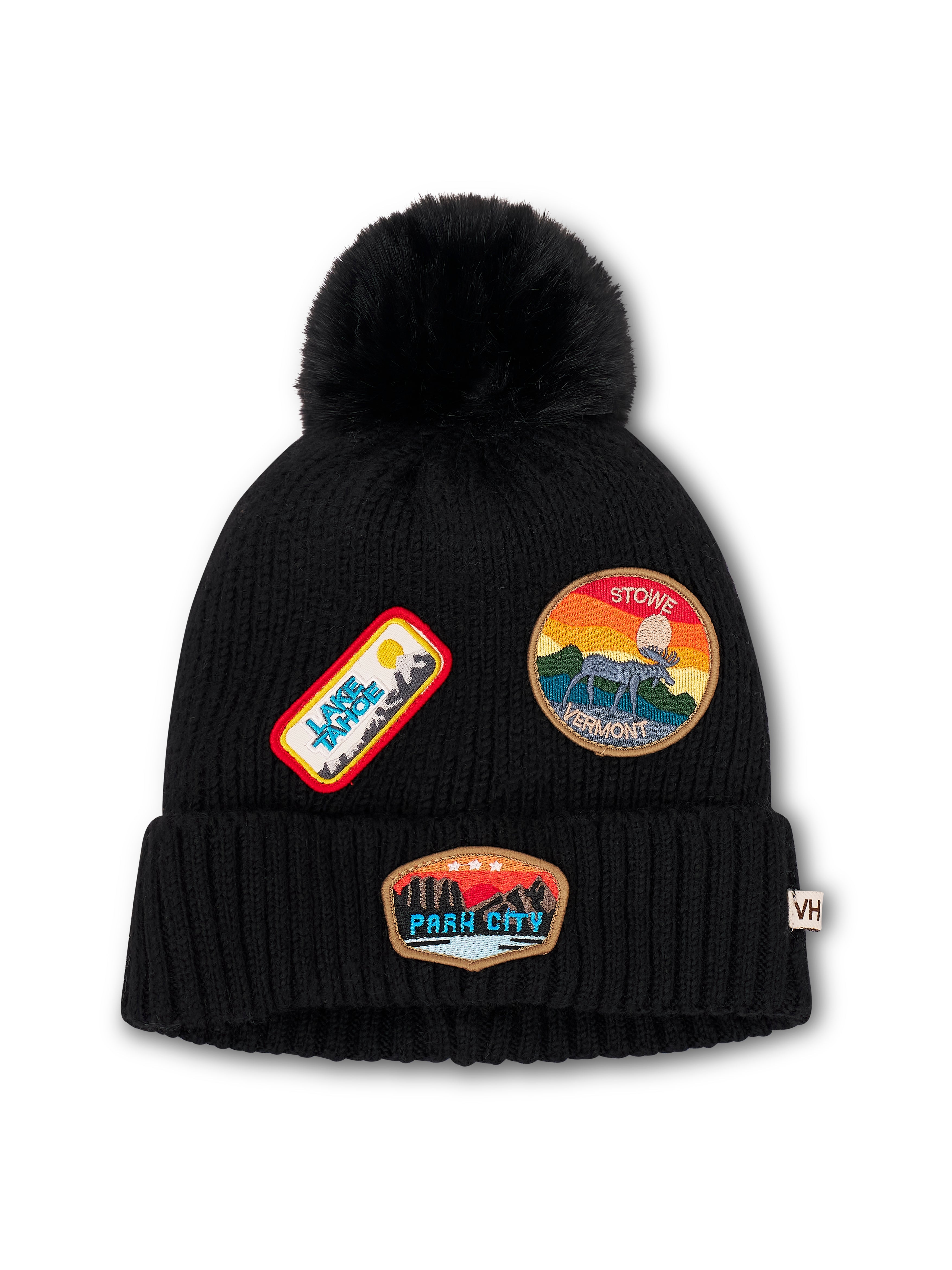 RIBBED POMPOM BEANIE WITH LAKE TAHOE PATCH - BLACK | Vintage Havana Black
