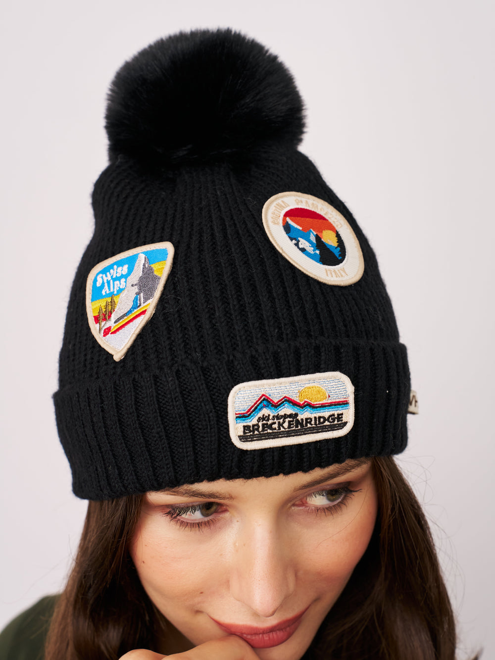 RIBBED POMPOM BEANIE WITH SWISS ALP PATCH - BLACK | Vintage Havana Black
