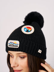 RIBBED POMPOM BEANIE WITH SWISS ALP PATCH - BLACK | Vintage Havana Black