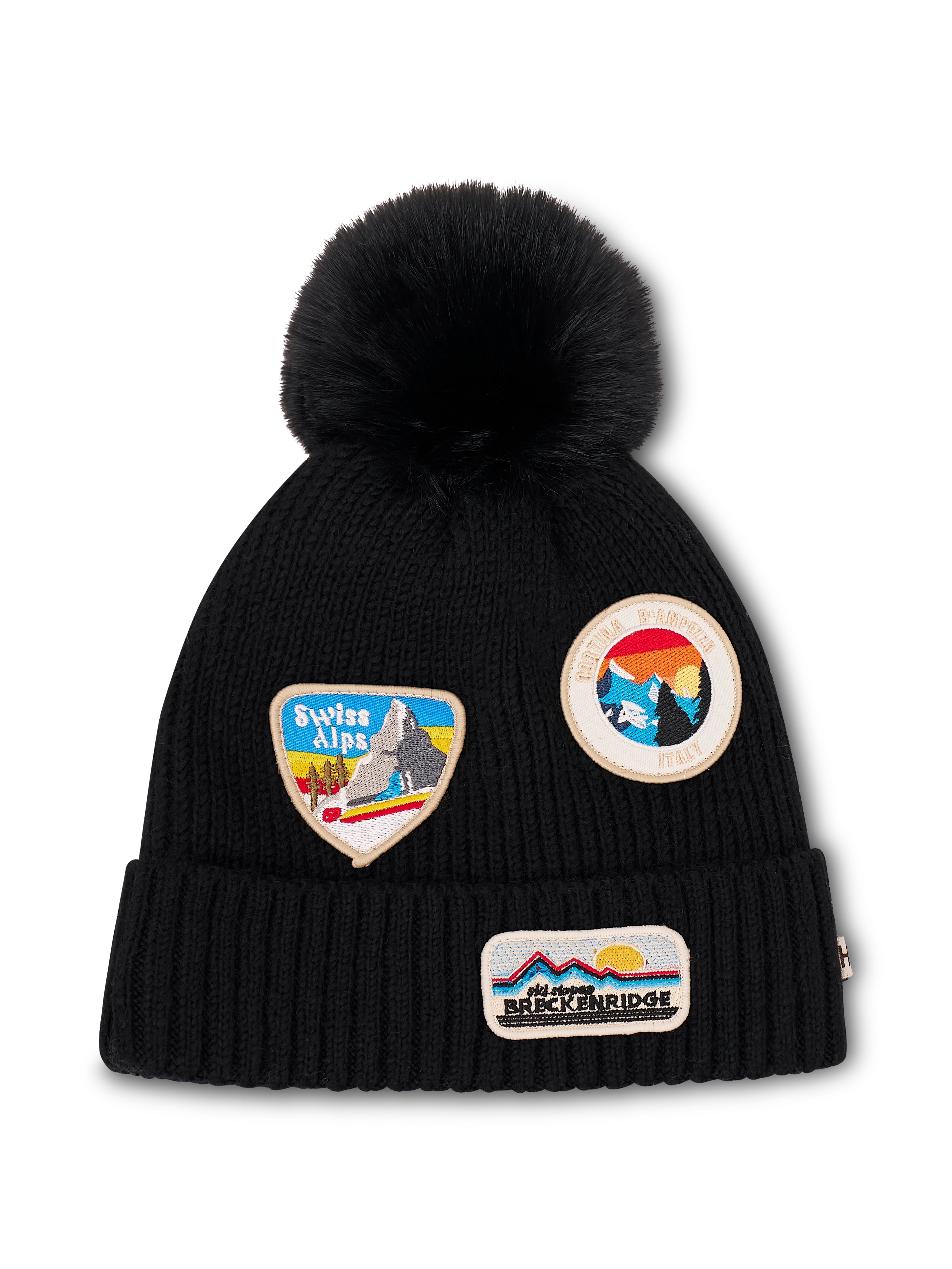 RIBBED POMPOM BEANIE WITH SWISS ALP PATCH - BLACK | Vintage Havana Black