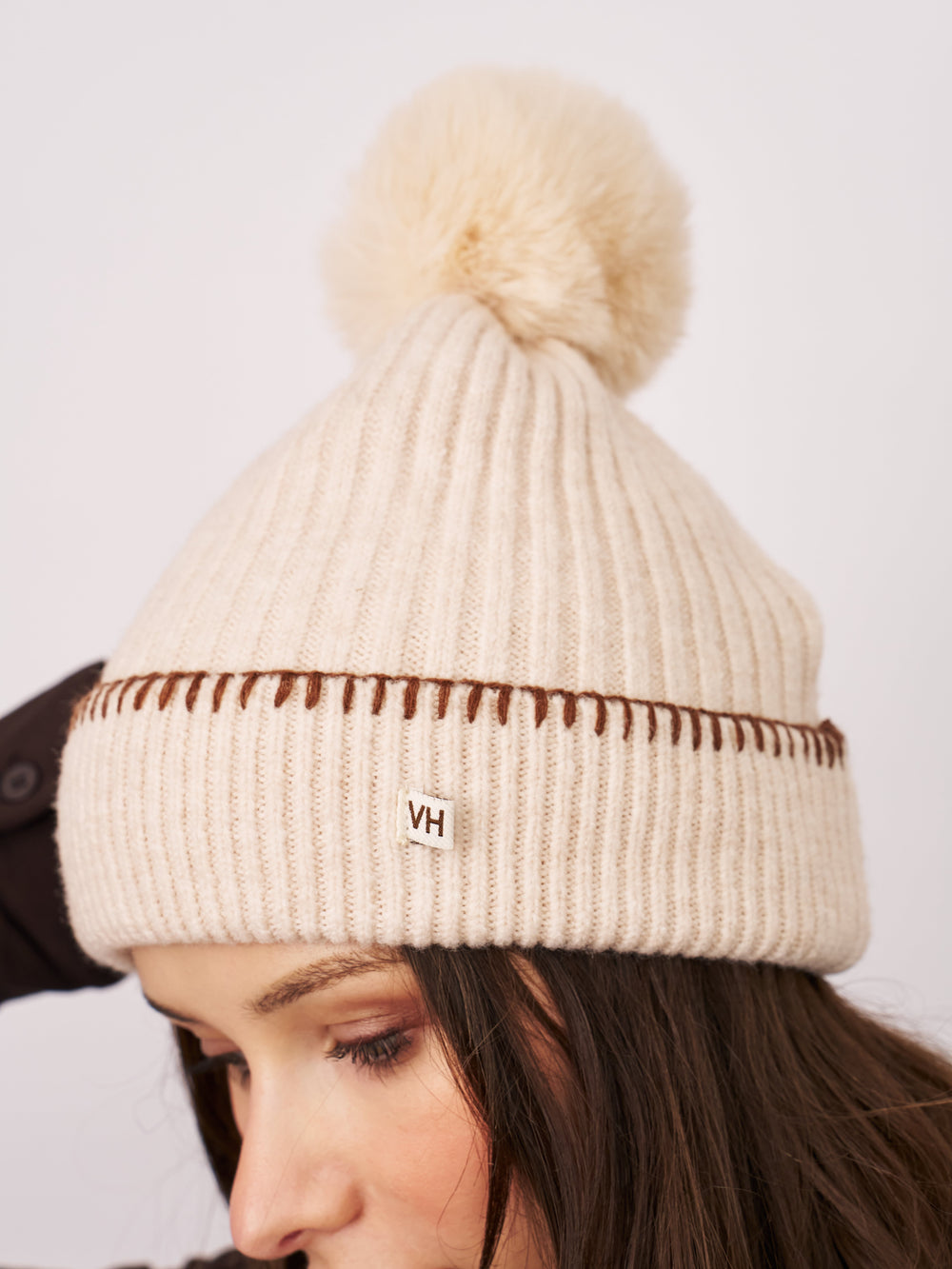 RIBBED POMPOM BEANIE - IVORY/TAN | Vintage Havana Ivory/Tan