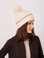 RIBBED POMPOM BEANIE - IVORY/TAN | Vintage Havana Ivory/Tan