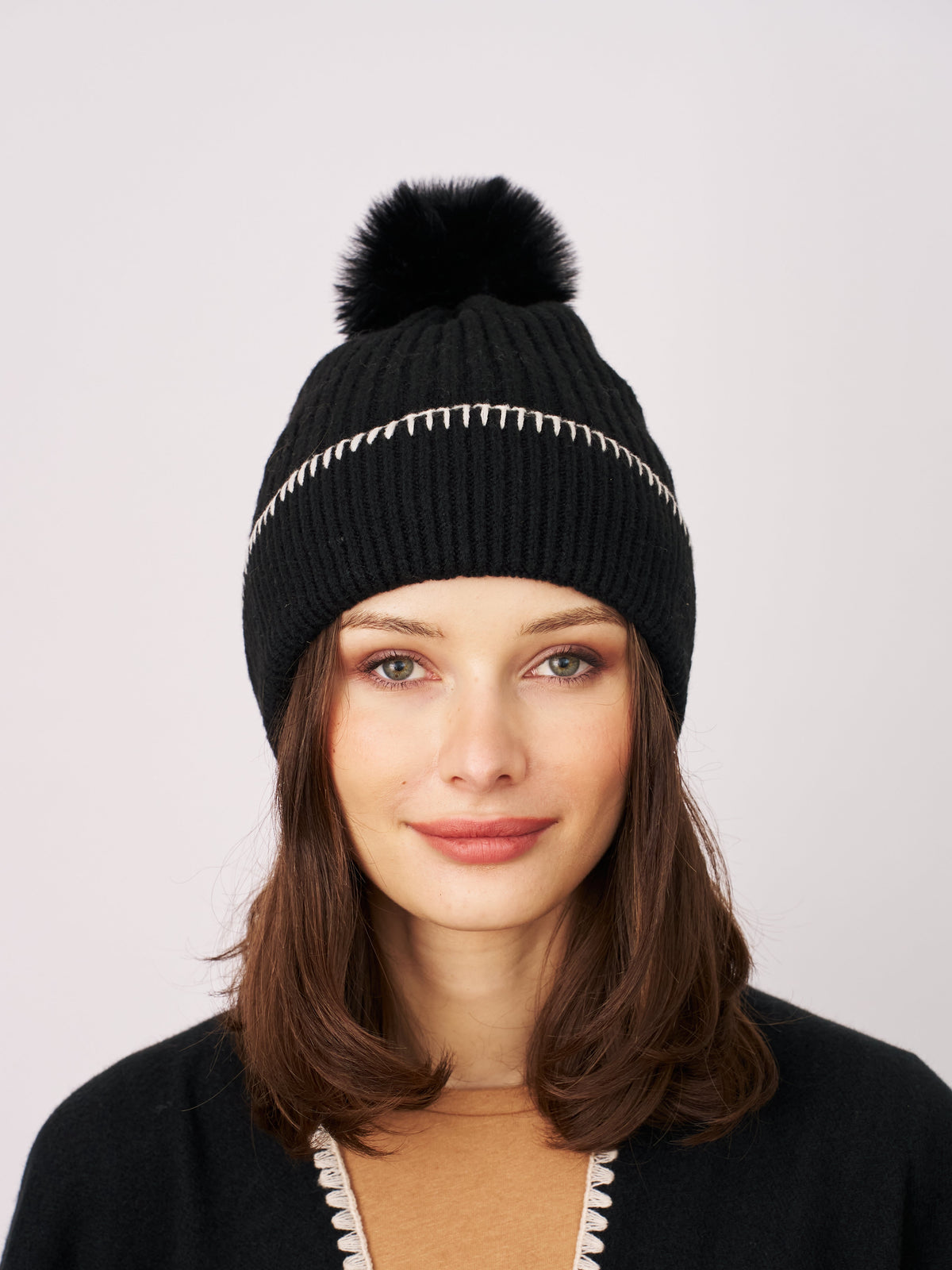 RIBBED POMPOM BEANIE - BLACK/IVORY | Vintage Havana Black/Ivory