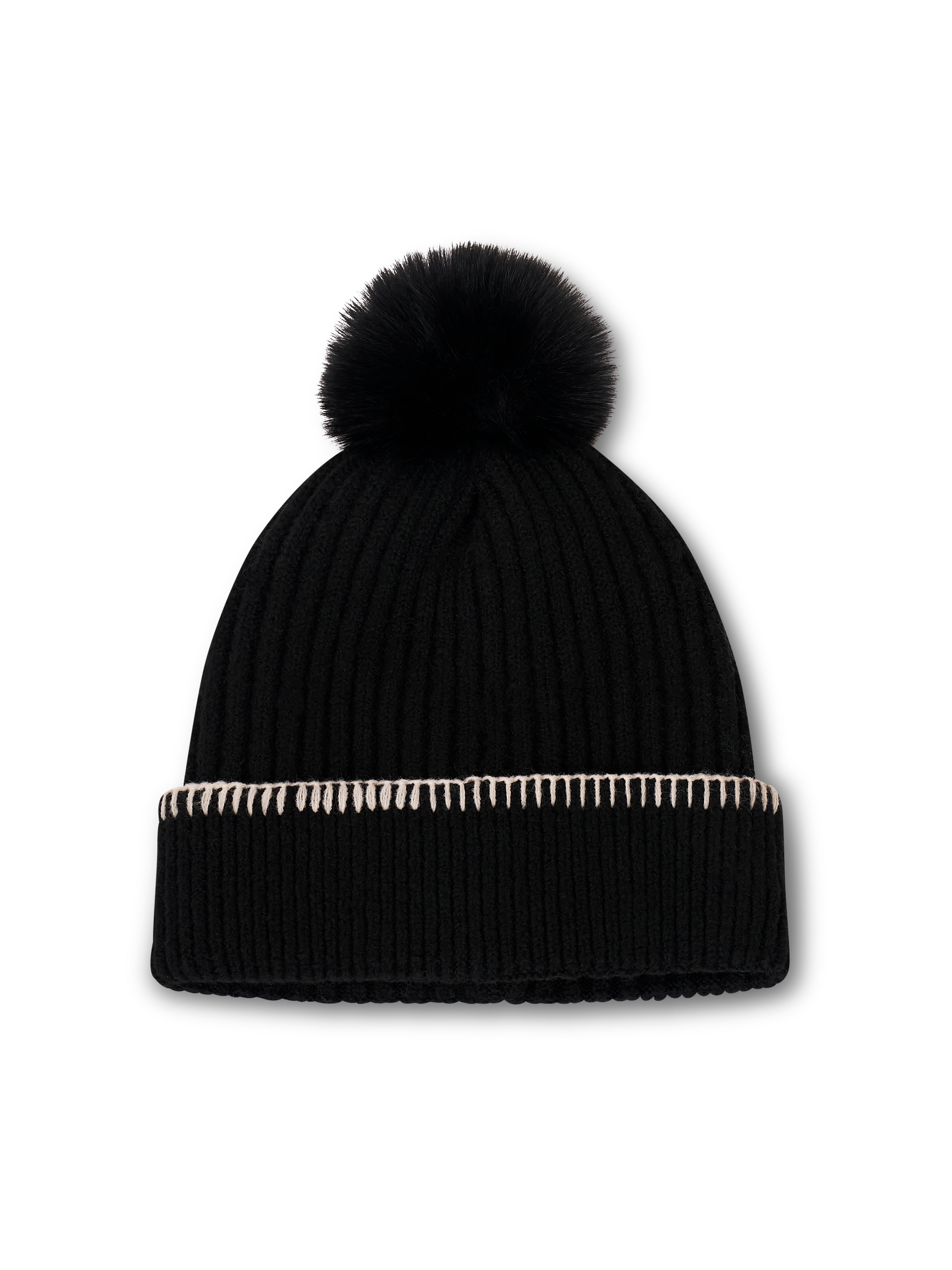 RIBBED POMPOM BEANIE - BLACK/IVORY | Vintage Havana Black/Ivory