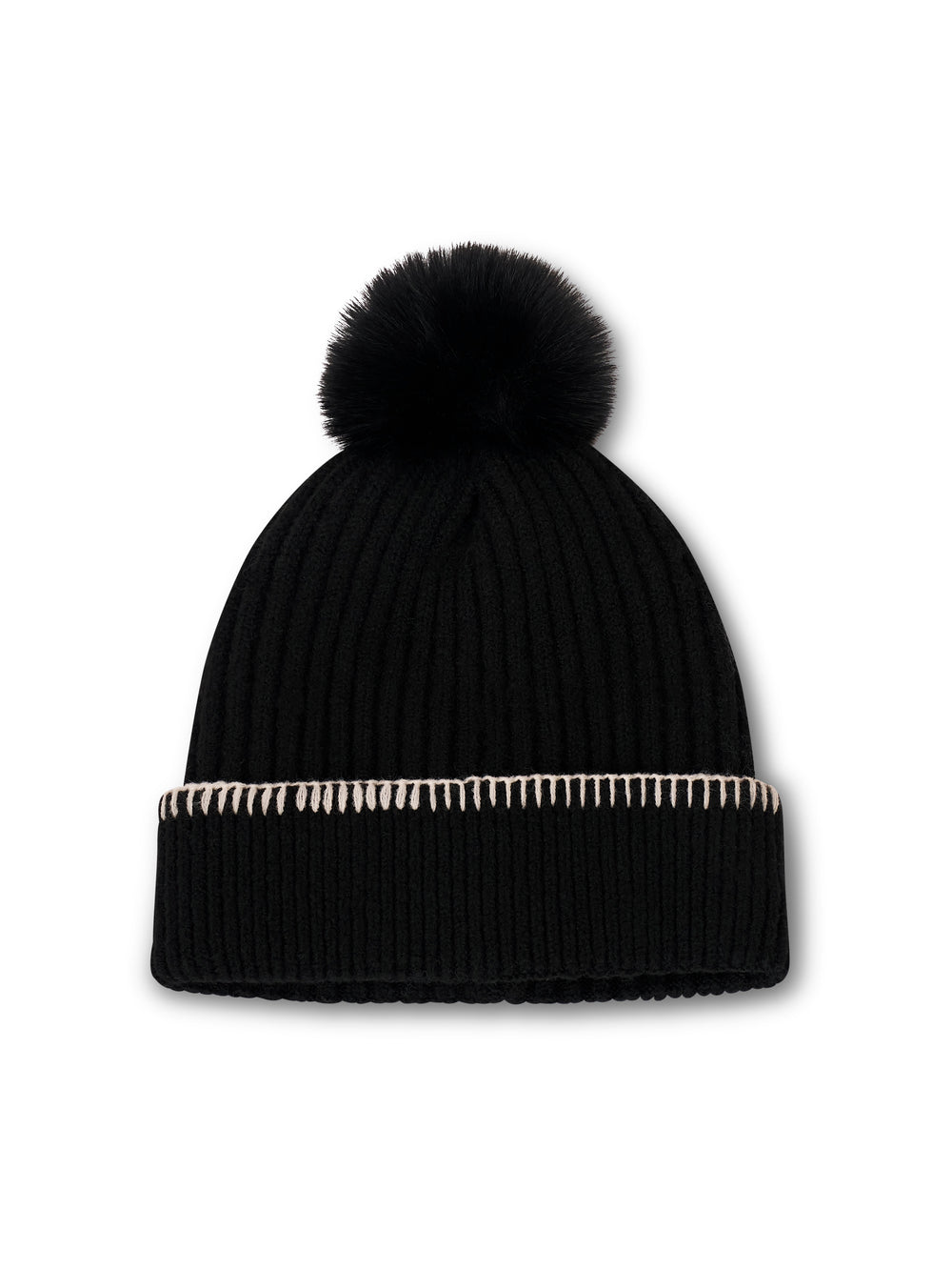 RIBBED POMPOM BEANIE - BLACK/IVORY | Vintage Havana Black/Ivory