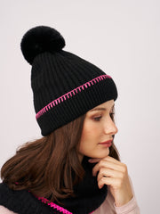 RIBBED POMPOM BEANIE - BLACK/PINK | Vintage Havana Black/Pink