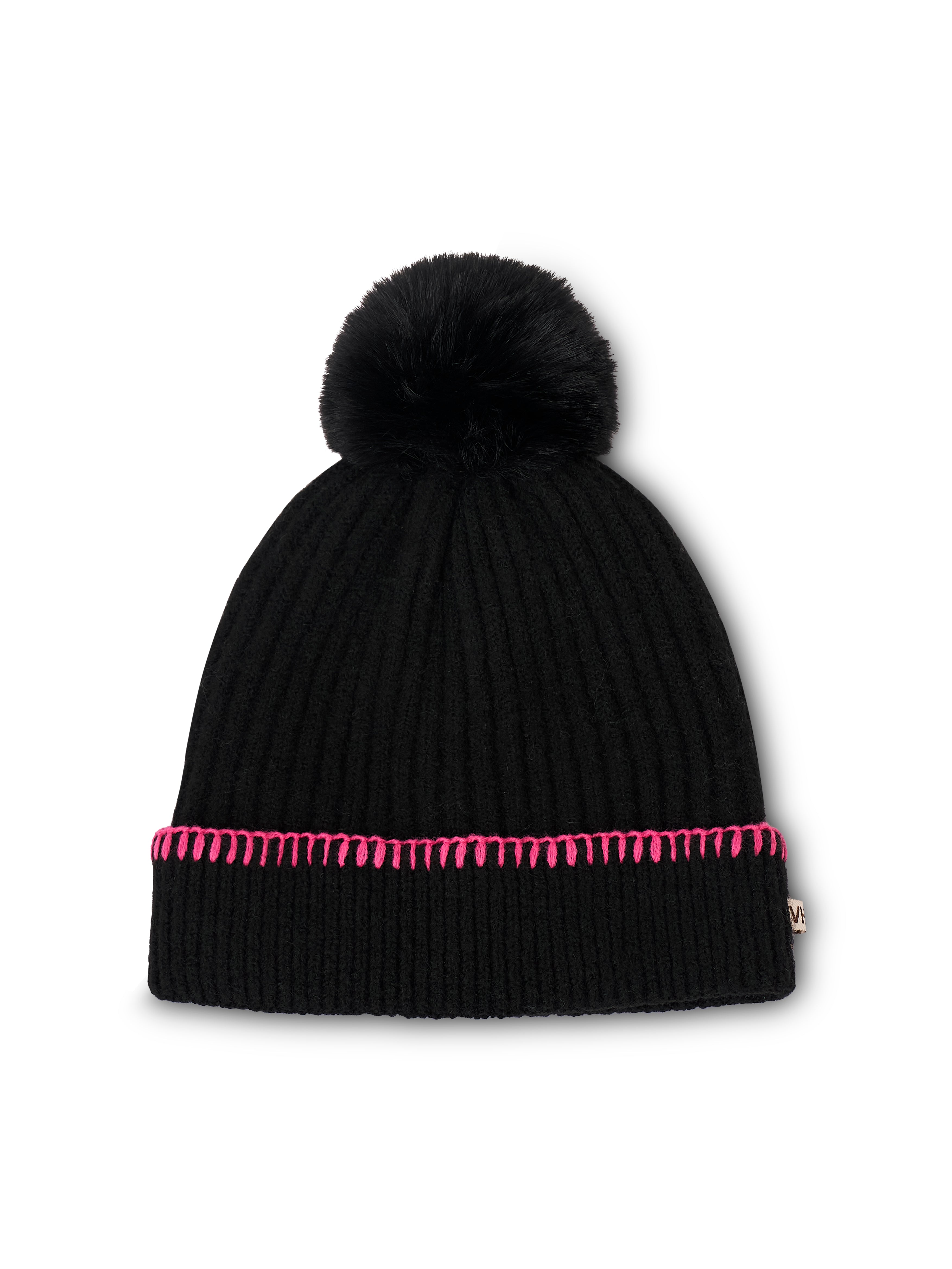 RIBBED POMPOM BEANIE - BLACK/PINK | Vintage Havana Black/Pink
