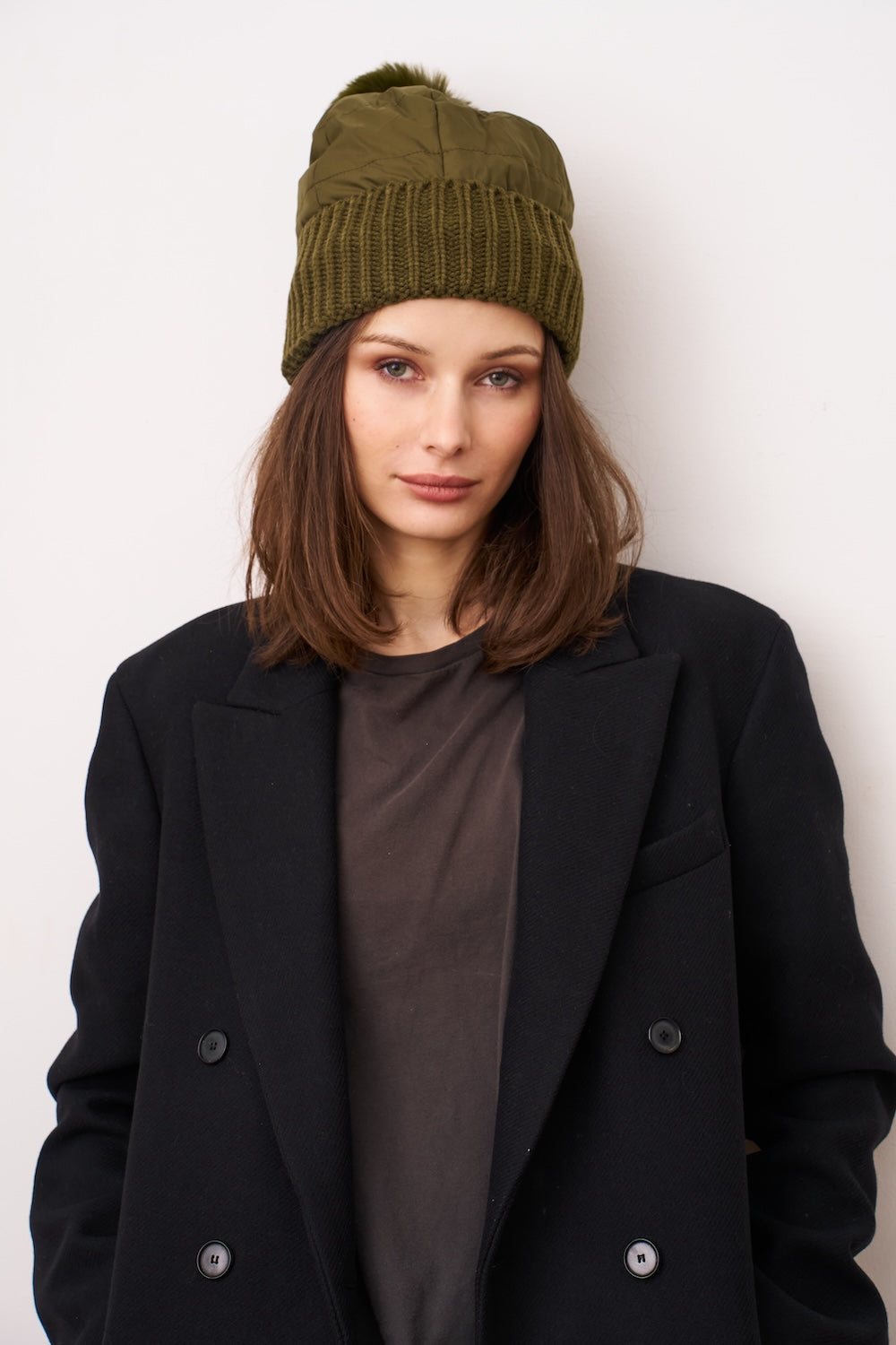 PUFFER POMPOM HAT - OLIVE | Vintage Havana Olive