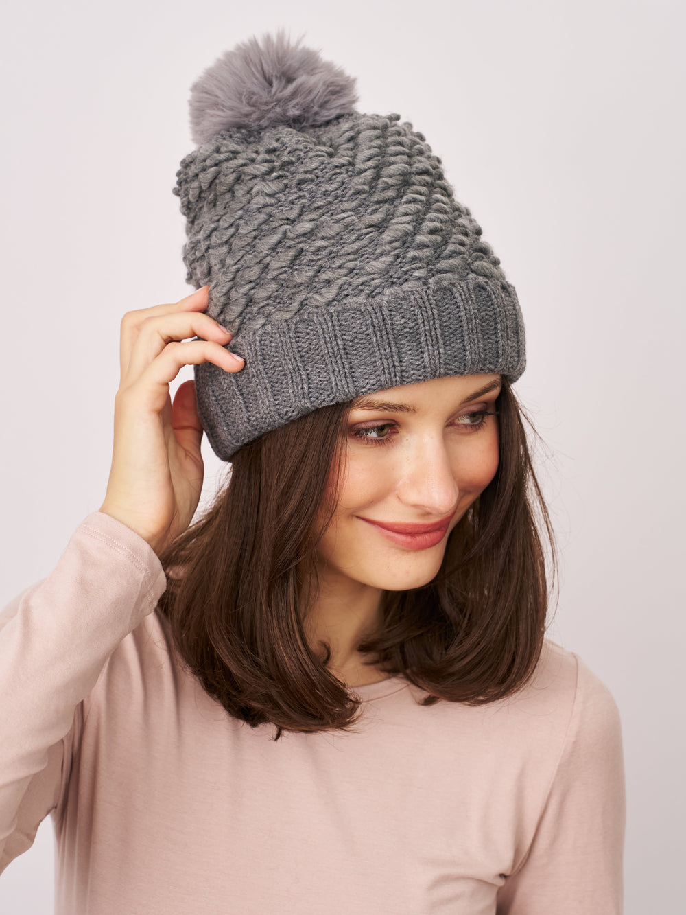TURN UP POMPOM HAT - GREY | Vintage Havana Grey