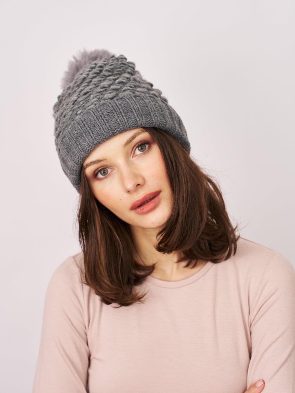 TURN UP POMPOM HAT - GREY | Vintage Havana Grey