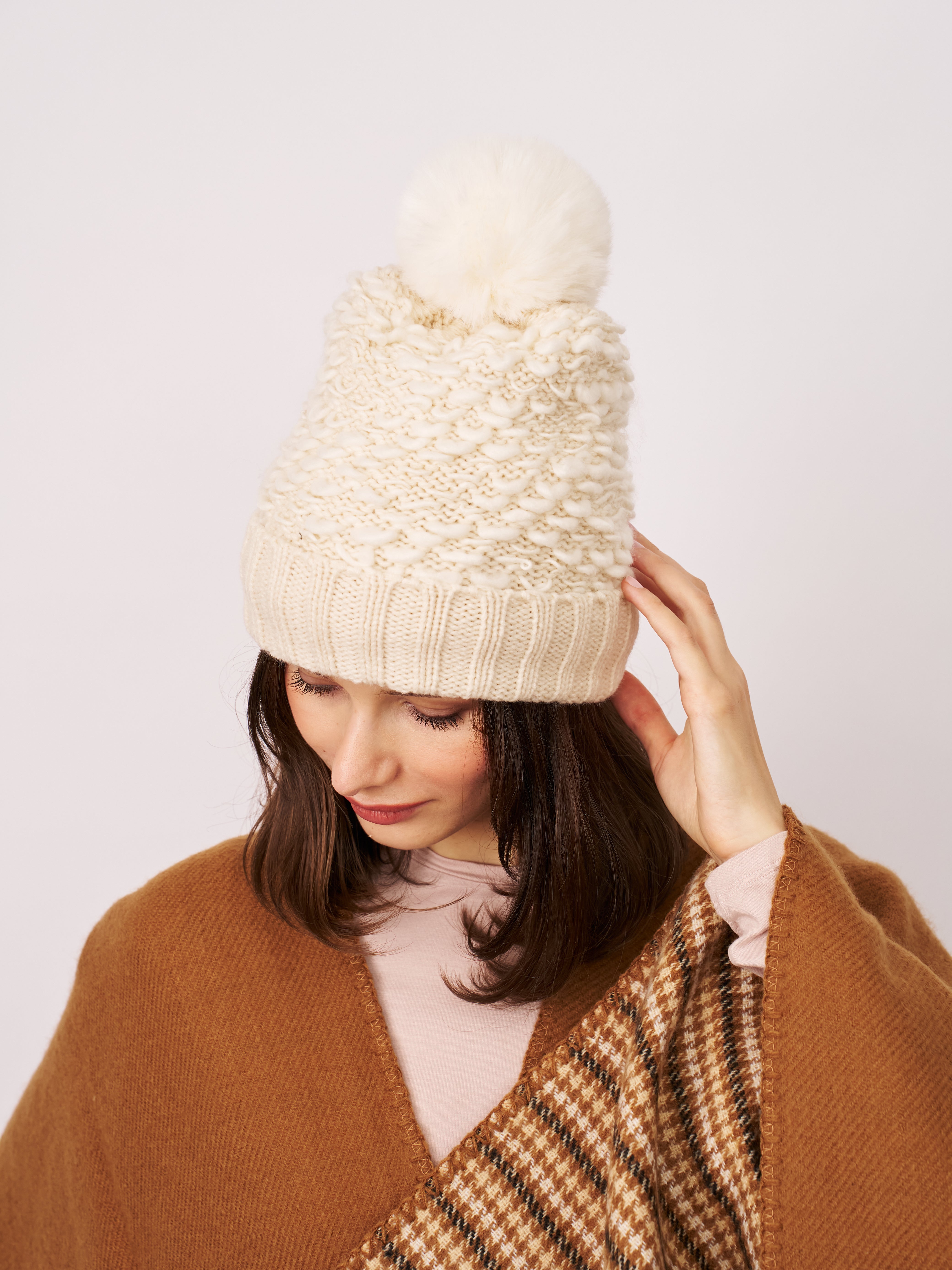 TURN UP POMPOM HAT - CREAM | Vintage Havana Cream