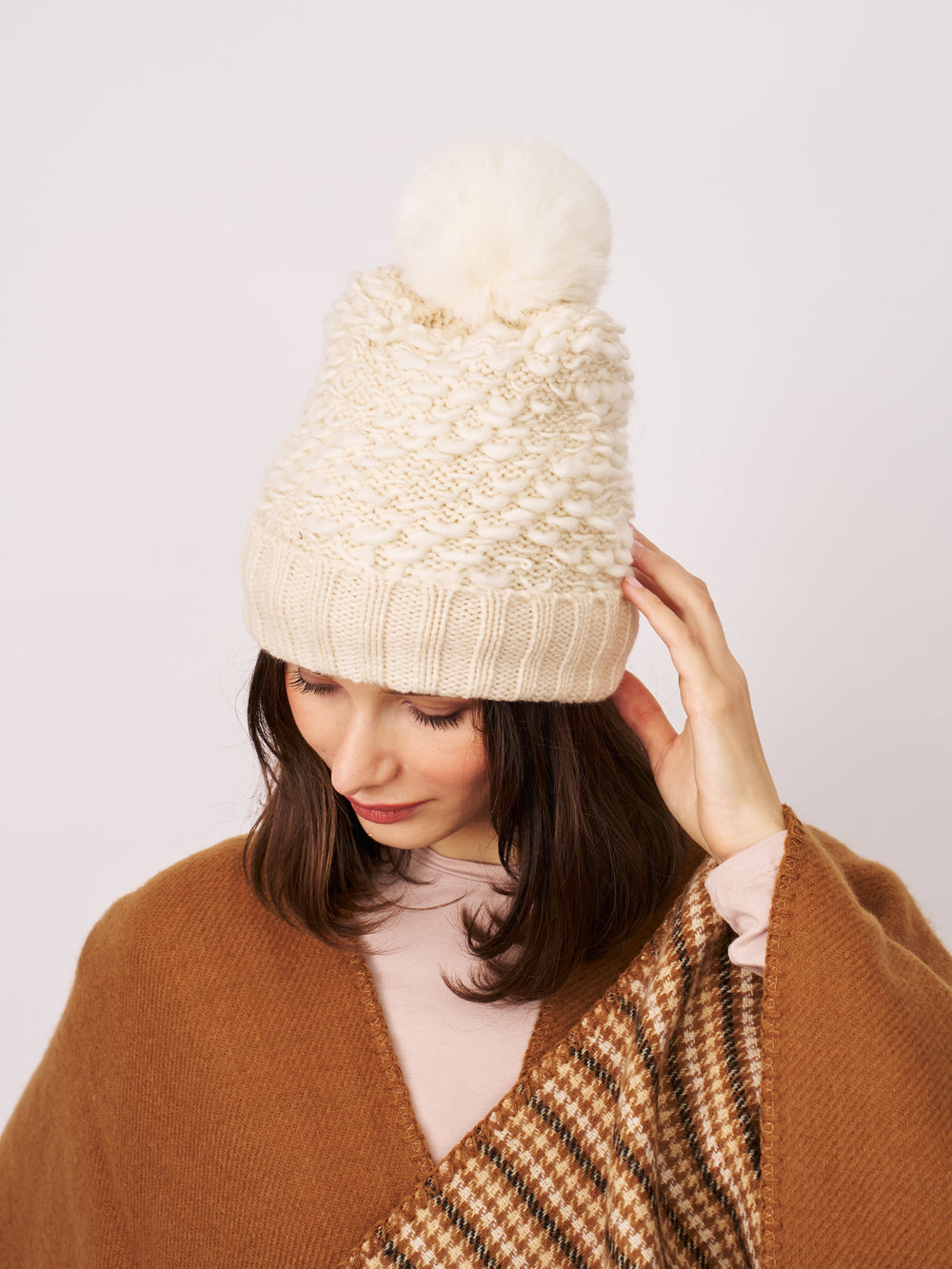 TURN UP POMPOM HAT - CREAM | Vintage Havana Cream