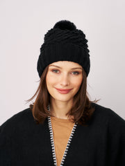 TURN UP POMPOM HAT - BLACK | Vintage Havana Black