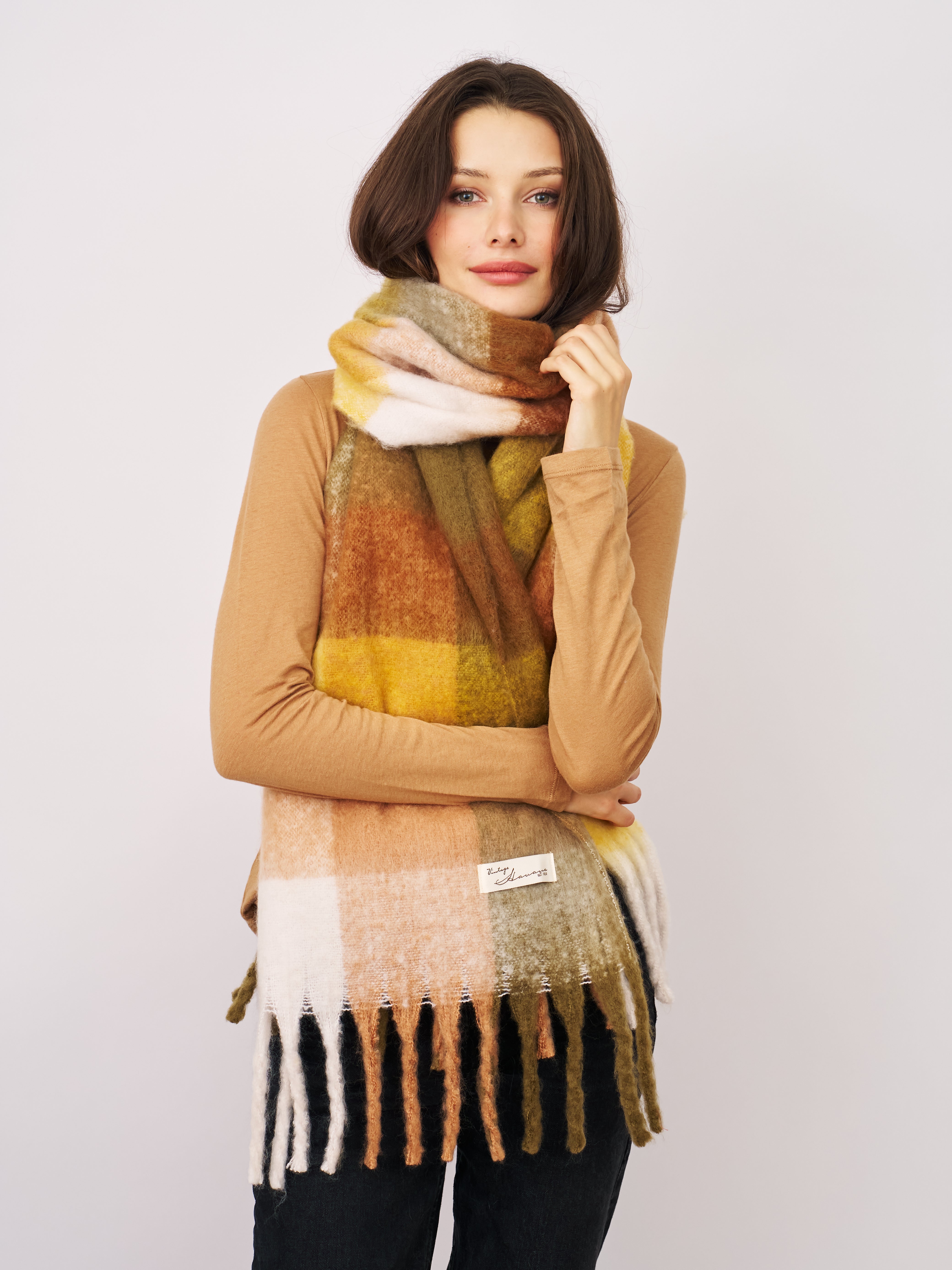 CHECK BRUSH TASSEL SCARF - YELLOW | Vintage Havana Yellow