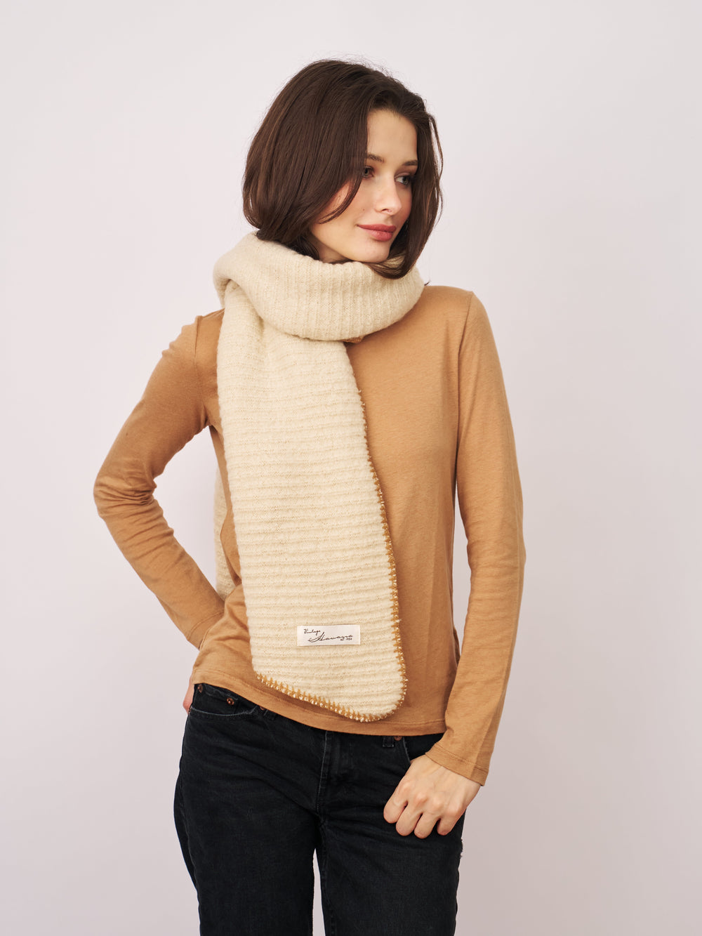 BLANKET STITCH KNIT SCARF - IVORY/WHEAT | Vintage Havana Ivory/Wheat