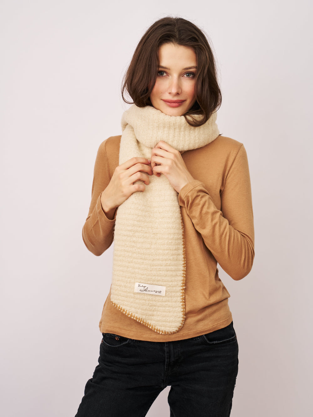 BLANKET STITCH KNIT SCARF - IVORY/WHEAT | Vintage Havana Ivory/Wheat