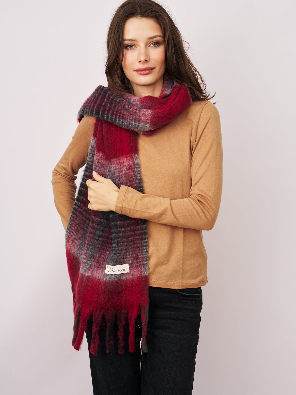 CHECK CHUNKY TASSEL SCARF - RED | Vintage Havana Red