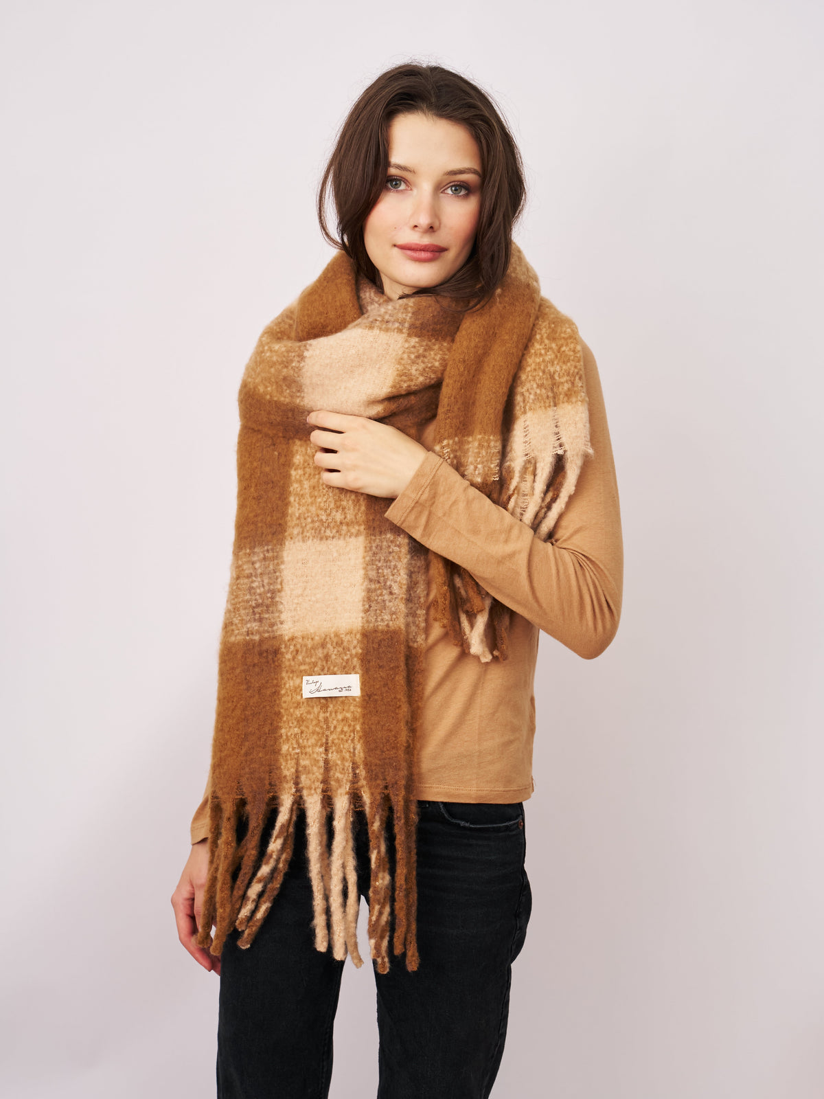 CHECK TASSEL SCARF - TAN | Vintage Havana Tan