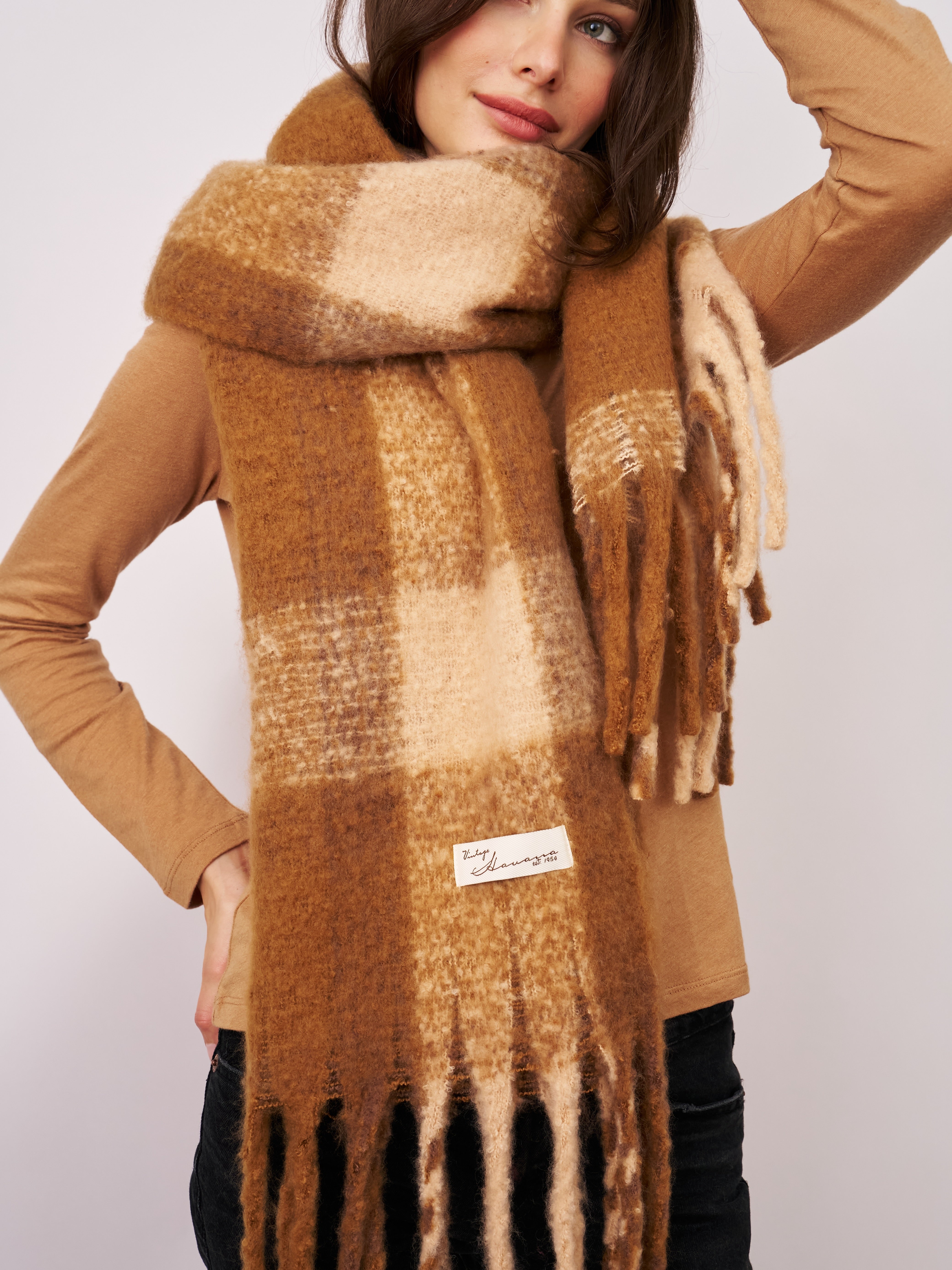 CHECK TASSEL SCARF - TAN | Vintage Havana Tan