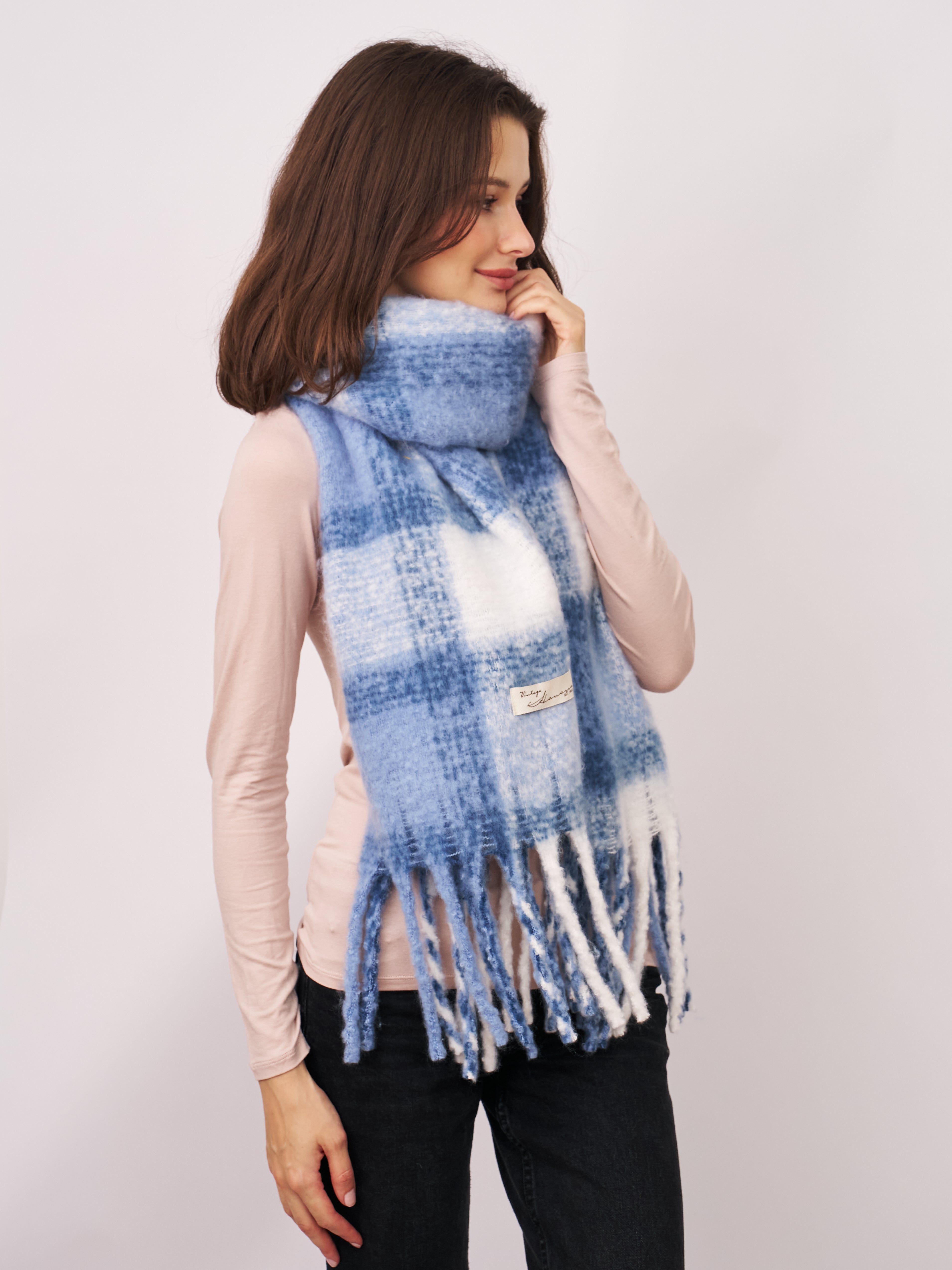 CHECK TASSEL SCARF - BLUE | Vintage Havana Blue