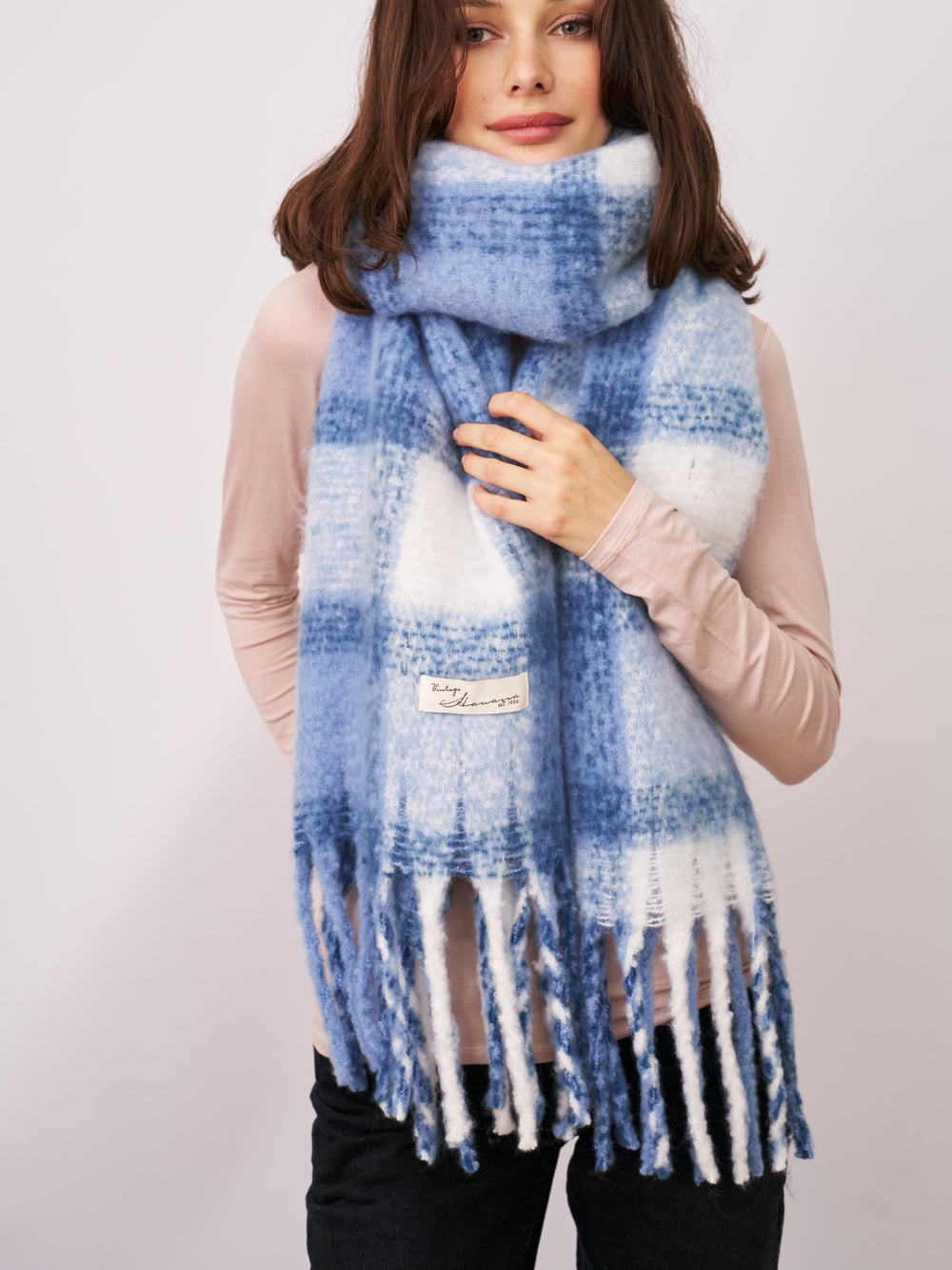 CHECK TASSEL SCARF - BLUE | Vintage Havana Blue