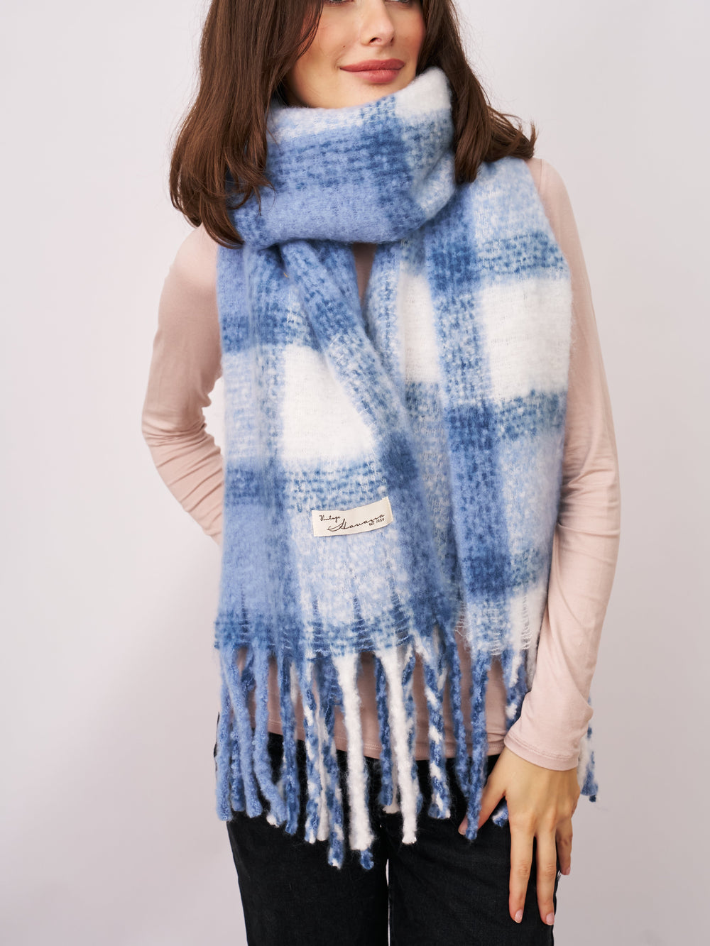 CHECK TASSEL SCARF - BLUE | Vintage Havana Blue