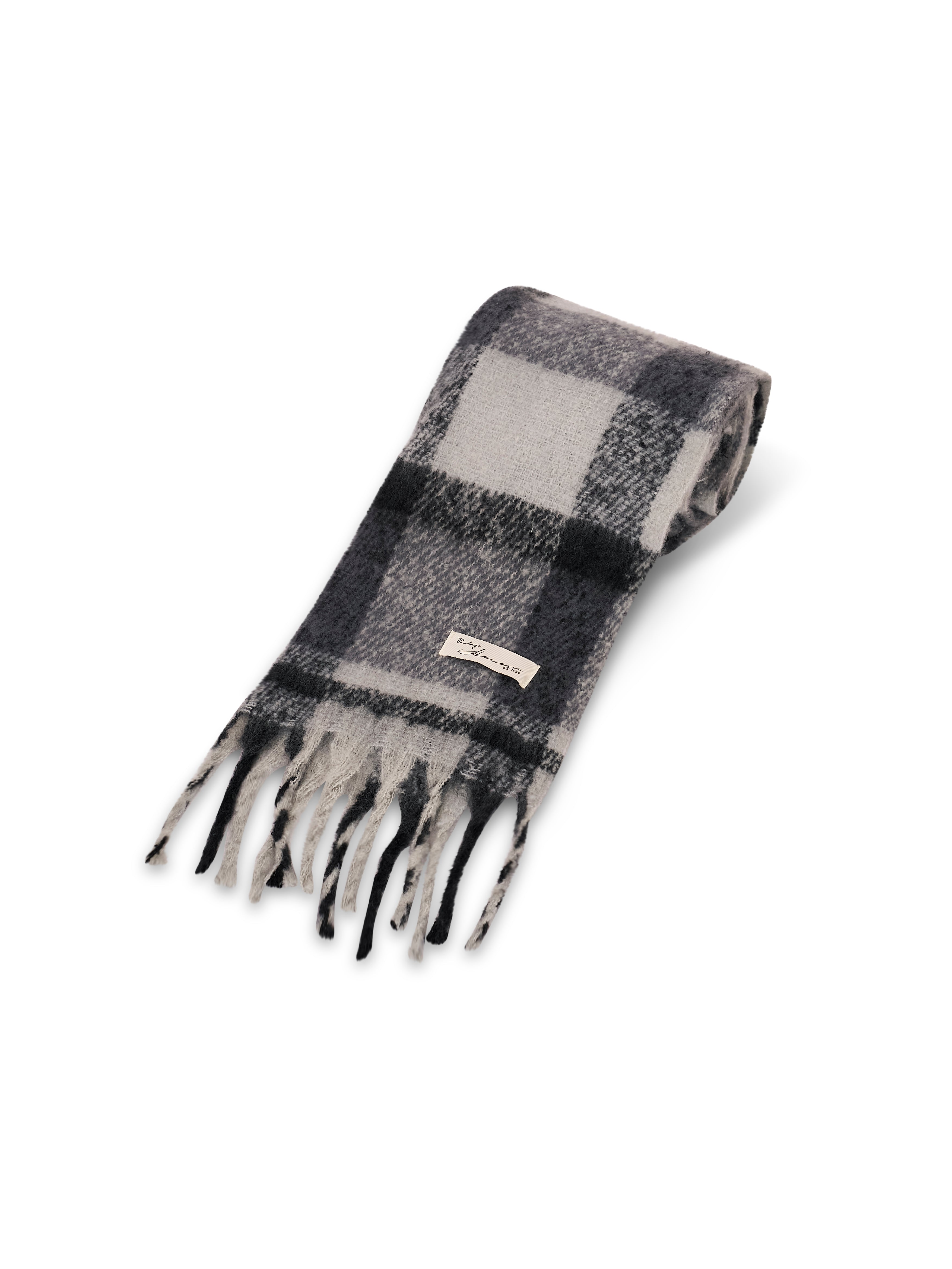 CHECK BRUSH TASSEL SCARF - BLACK | Vintage Havana Black