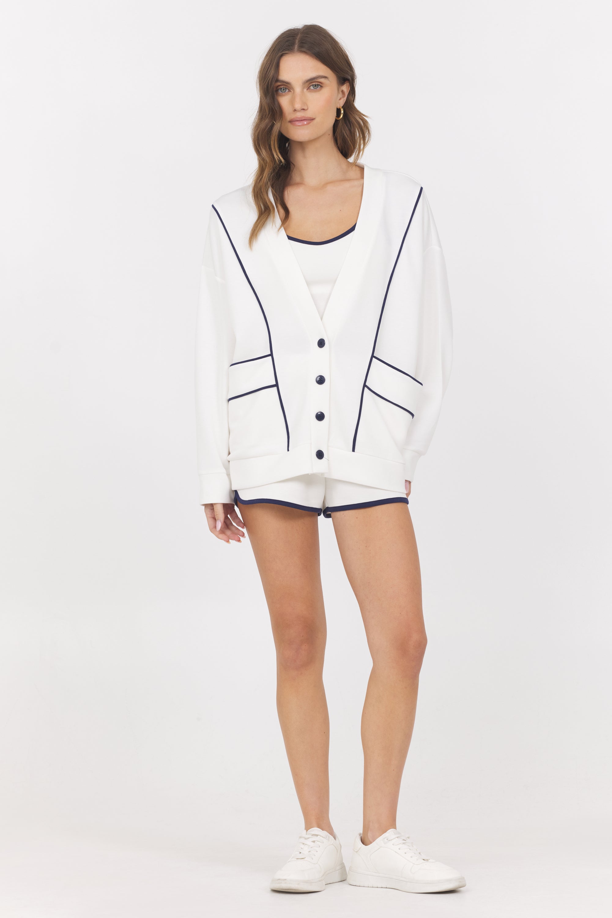 Cloud w/ Piping Cardigan | Vintage Havana White with Navy