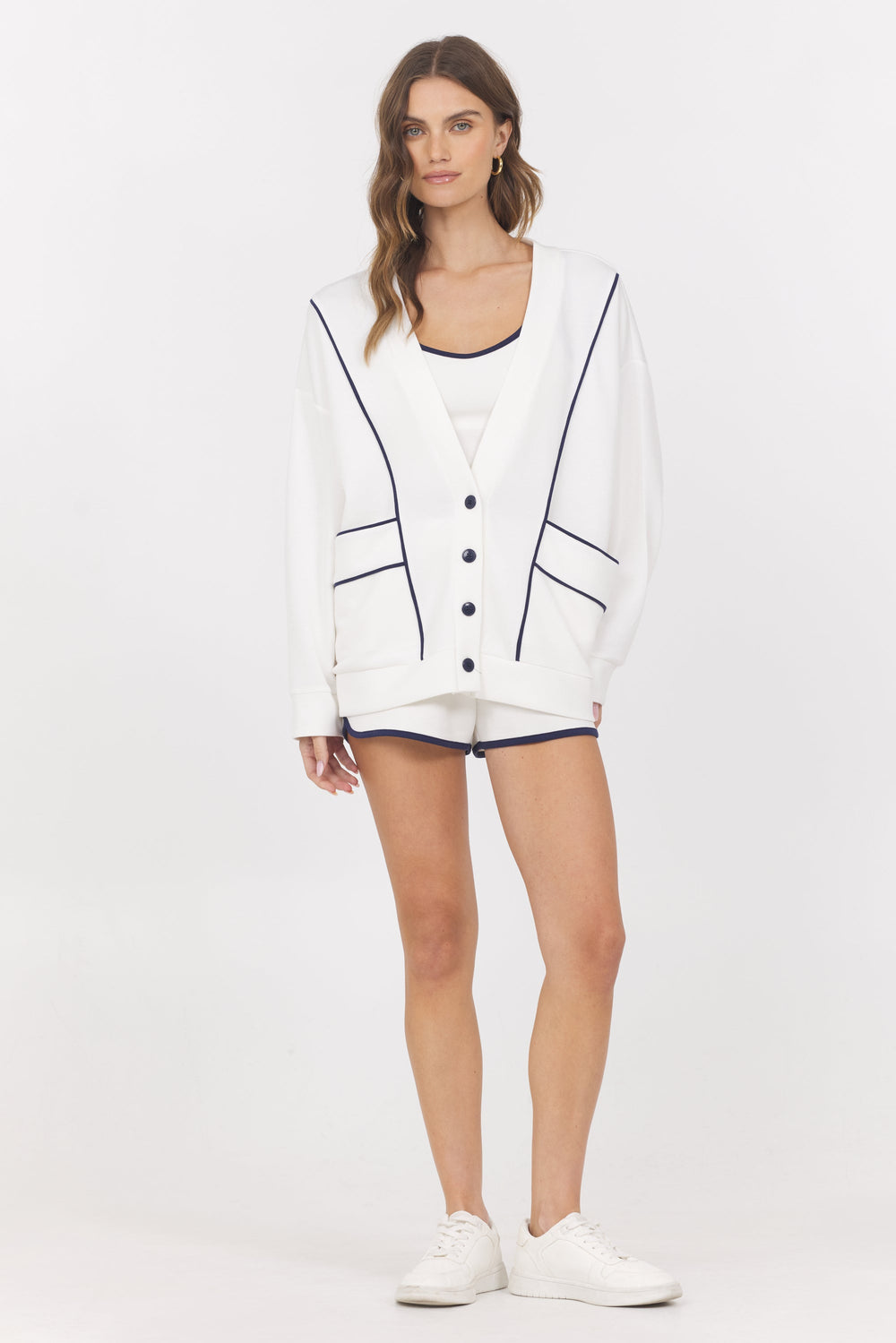 Cloud w/ Piping Cardigan | Vintage Havana White with Navy