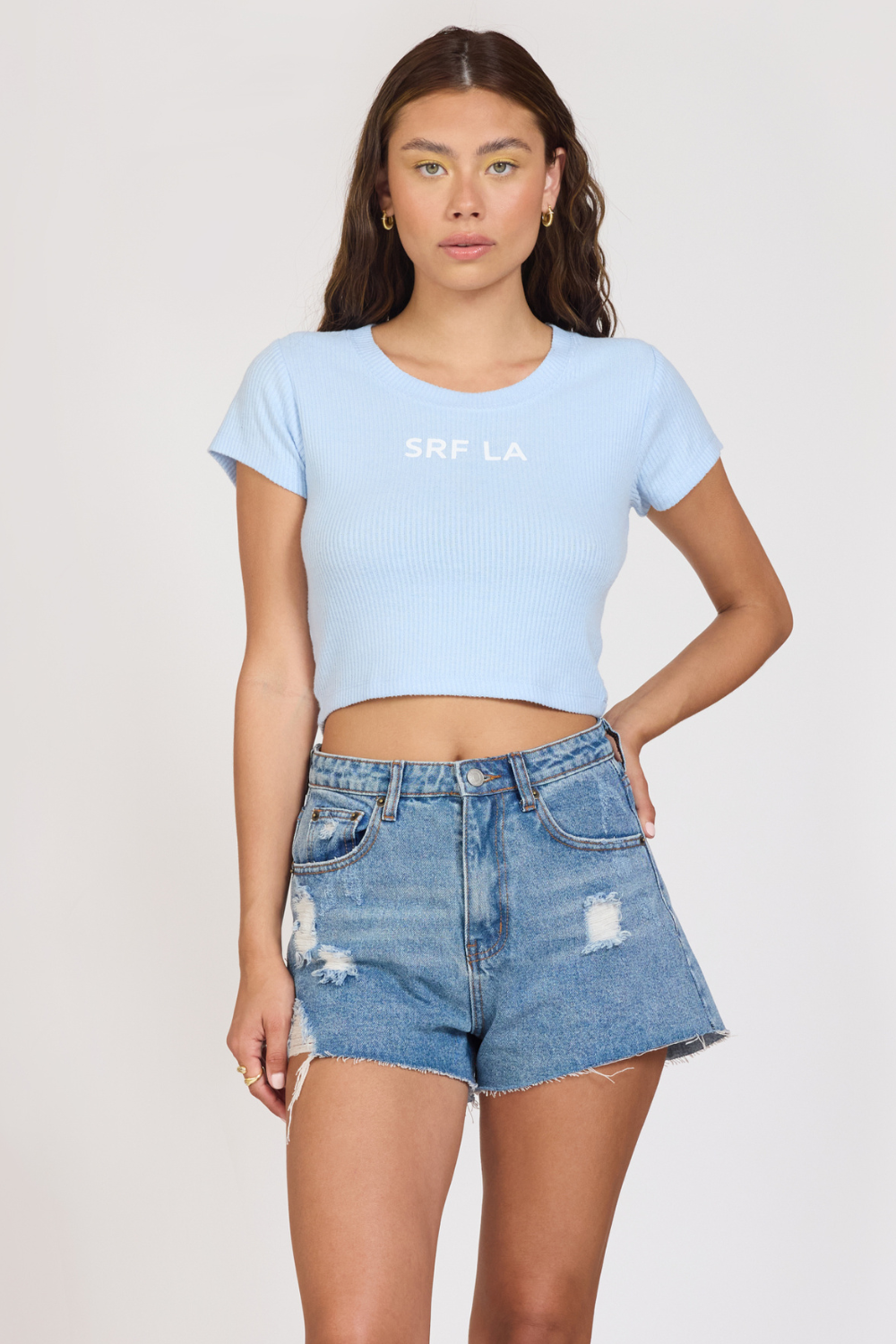 "Surf LA" Surfside Blue Rib Hacci Cropped Tee | Vintage Havana Surfside Blue