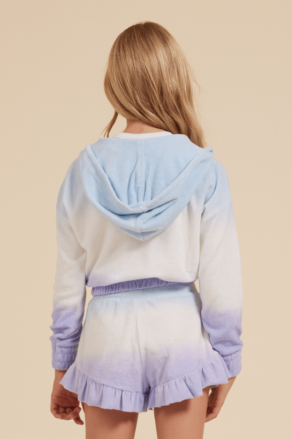 Blue/White/Lavender Tie Dye Terry Cloth Elastic Bottom Hoodie | Vintage Havana Blue/White/Lavender