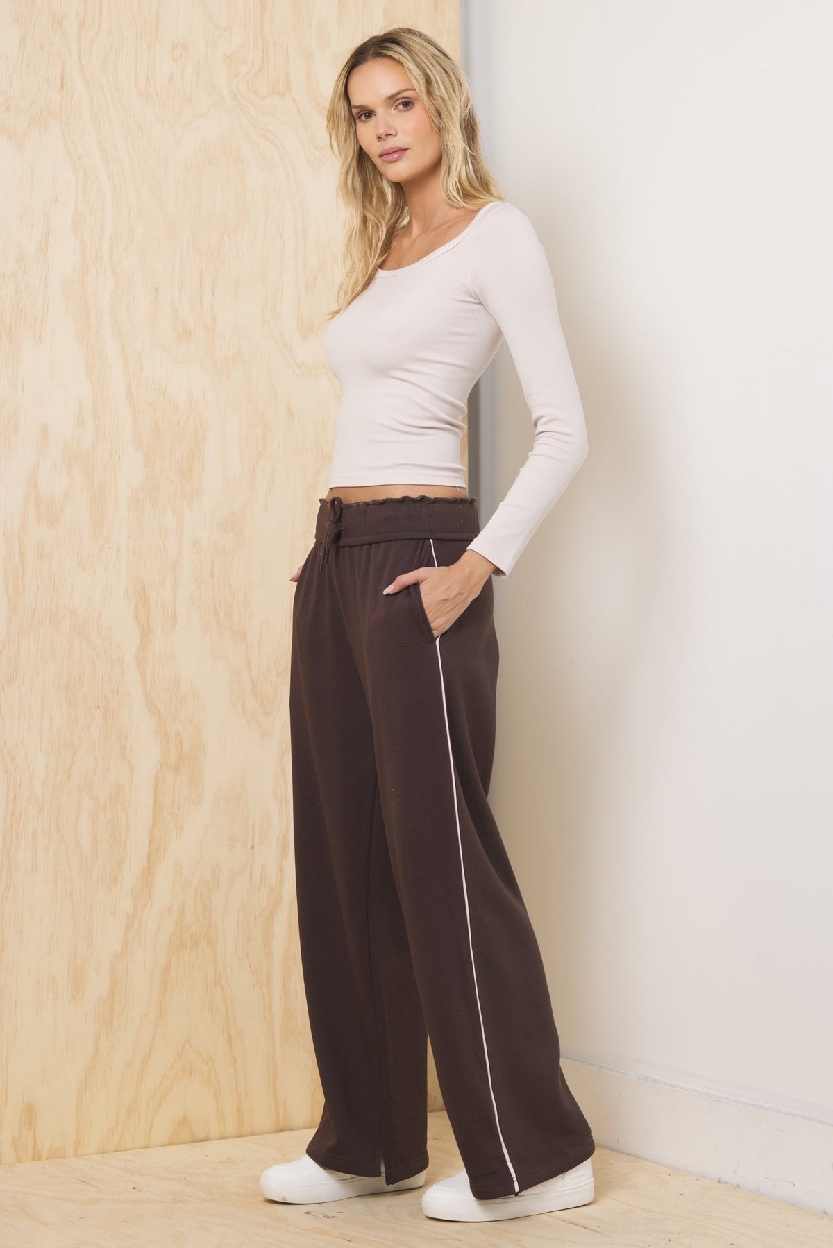 Teddy Fleece Wide Leg Pant | Vintage Havana Espresso w/ Pink