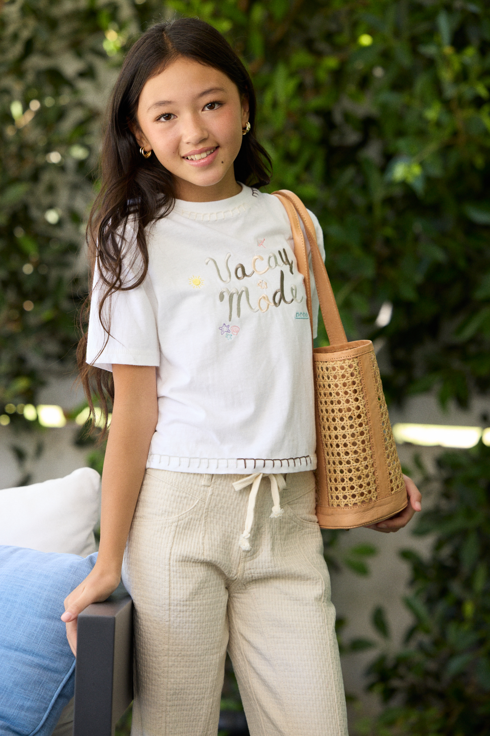 Kids Vacay Mode Embroidered Crochet Stitch Boxy Tee | Vintage Havana