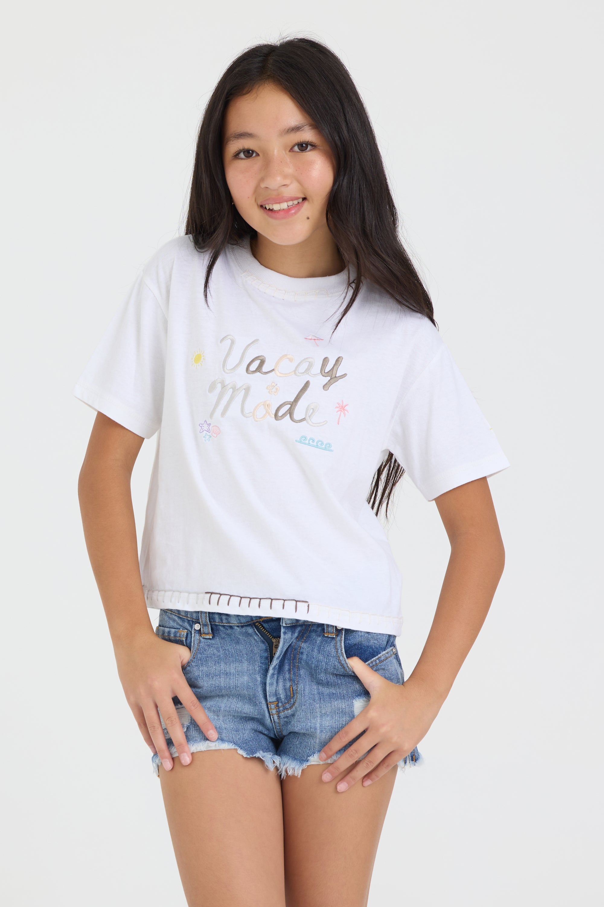 Kids Vacay Mode Embroidered Crochet Stitch Boxy Tee | Vintage Havana