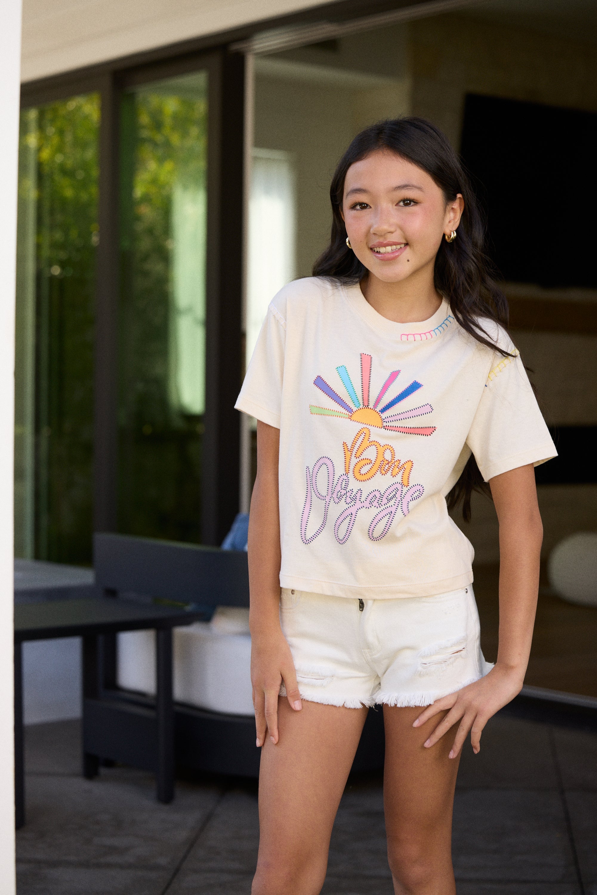 Kids Bon Voyage Print Crochet Stitch Boxy Tee | Vintage Havana