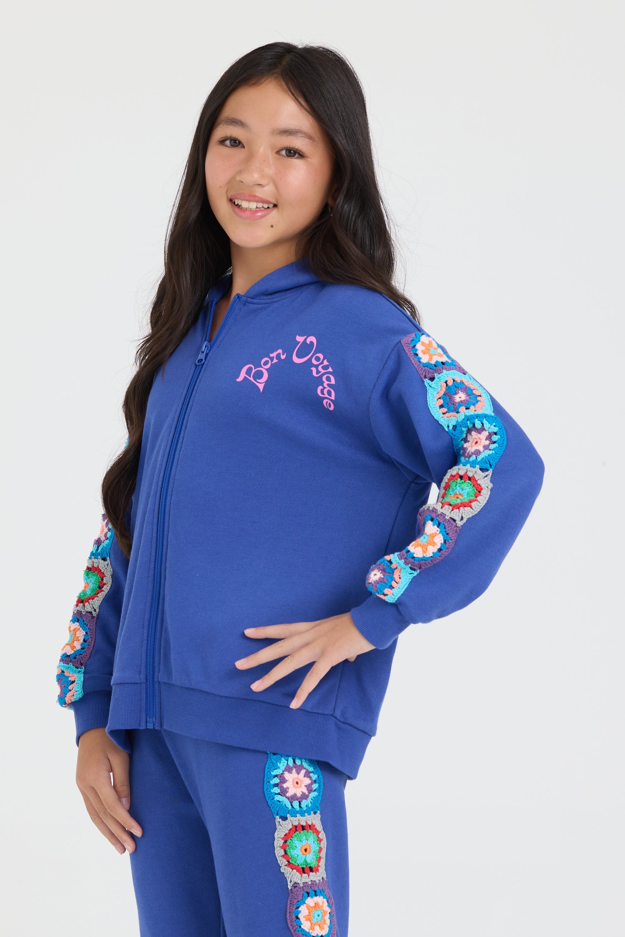 Kids Navy Cropped Full Zip Hoodie w/Crochet | Vintage Havana