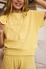 Kids Garment Dye Off Shoulder Top with Smile Embroidery | Vintage Havana Yellow