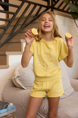 Kids Garment Dye Off Shoulder Top with Smile Embroidery | Vintage Havana Yellow